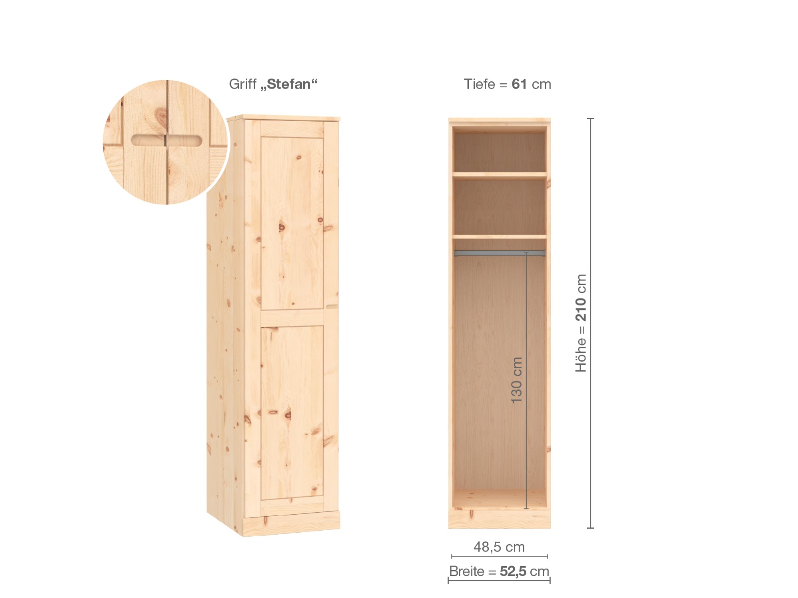 Zirbenschrank „Edelweiß“, 1-türig, Höhe 210 cm, Griffausführung „Stefan“, Inneneinrichtung A, Türanschlag links