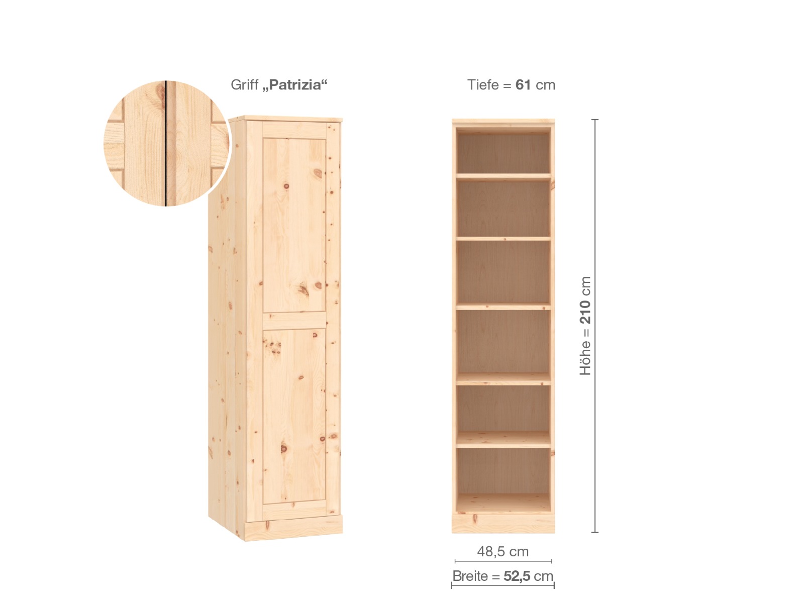 Zirbenschrank „Edelweiß“, 1-türig, Höhe 210 cm, Griffausführung „Patrizia“, Inneneinrichtung B, Türanschlag links