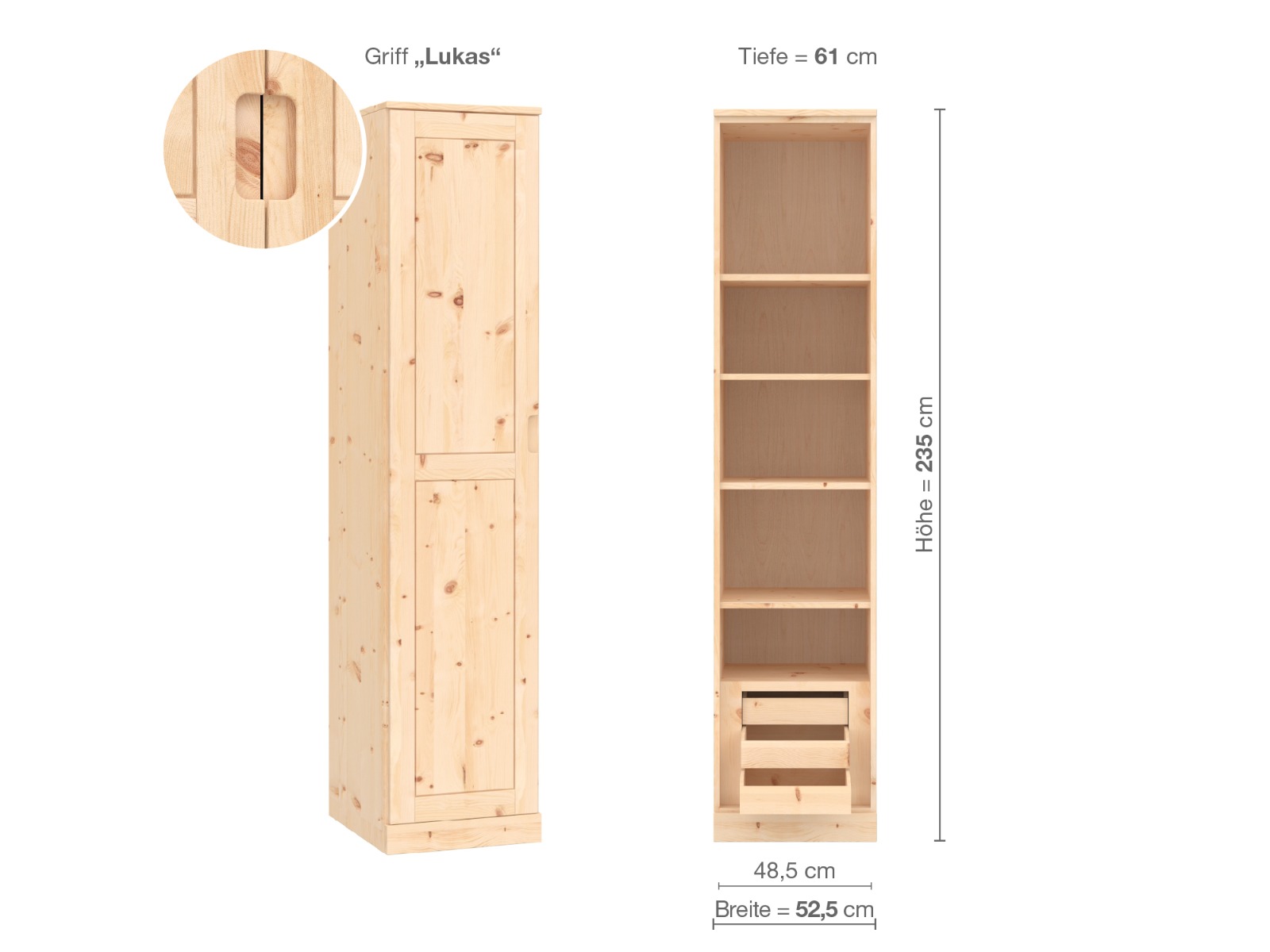 Zirbenschrank „Edelweiß“, 1-türig, Höhe 235 cm, Griffausführung „Lukas“, Inneneinrichtung C, Türanschlag links