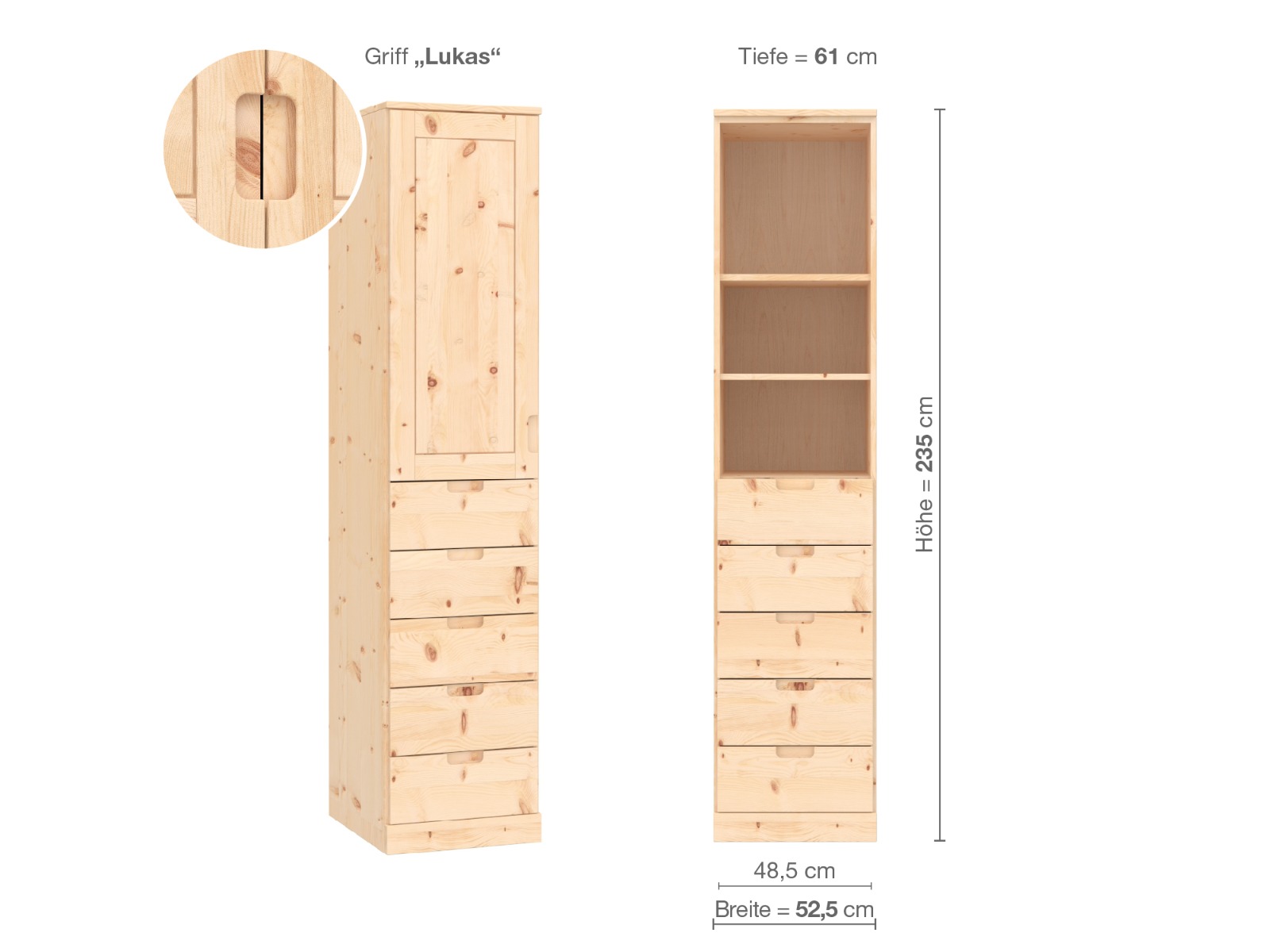 Zirbenschrank „Edelweiß“, 1-türig, Höhe 235 cm, Griffausführung „Lukas“, Inneneinrichtung D, Türanschlag links