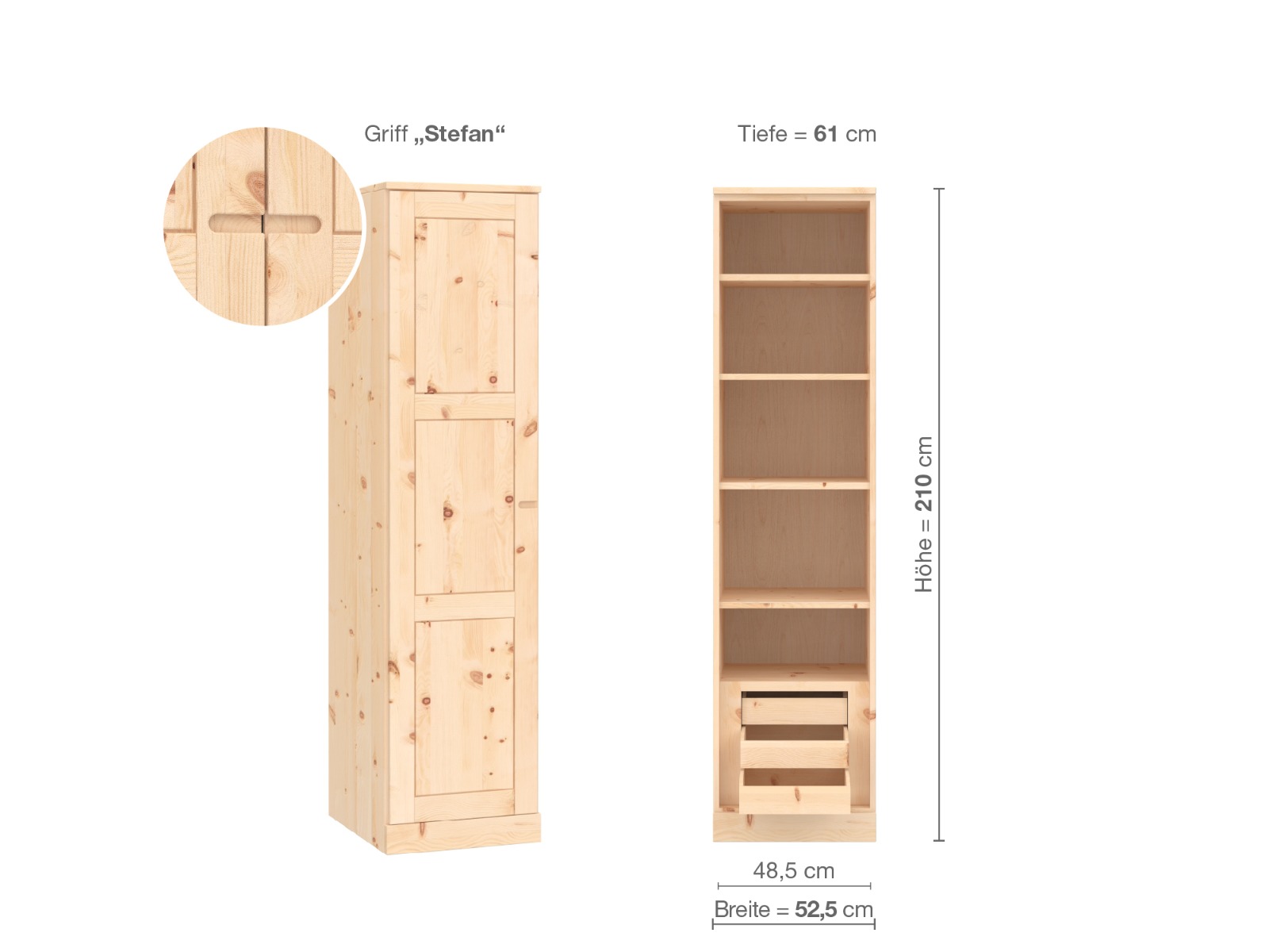 Zirbenschrank „Enzian“, 1-türig, Höhe 210 cm, Griffausführung „Stefan“, Inneneinrichtung C, Türanschlag links