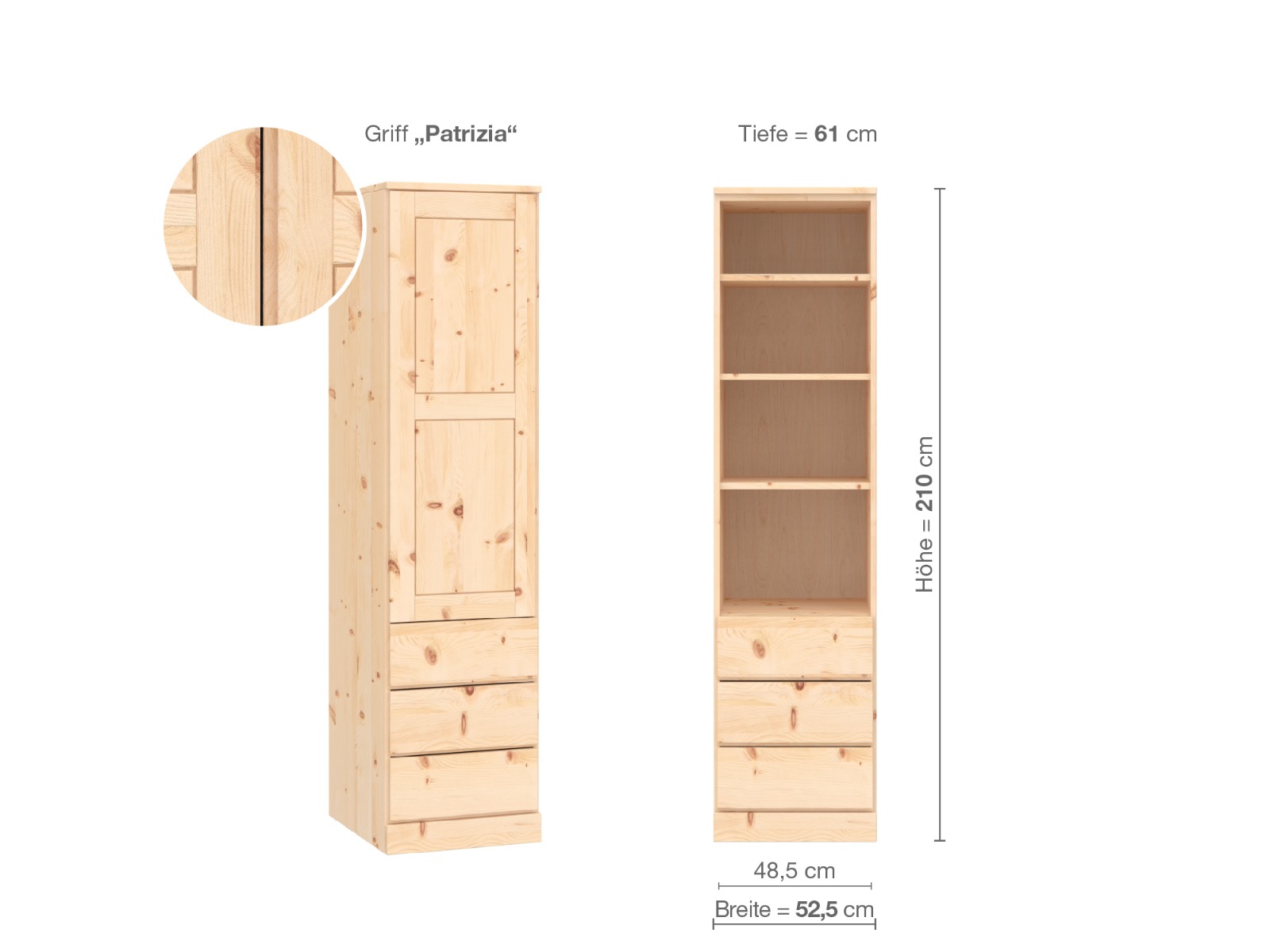 Zirbenschrank „Enzian“, 1-türig, Höhe 210 cm, Griffausführung „Patrizia“, Inneneinrichtung D, Türanschlag links