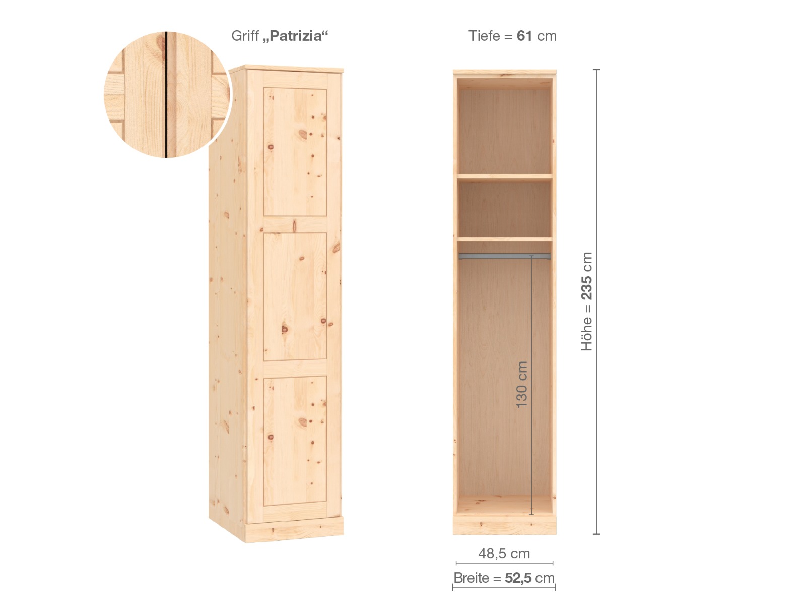 Zirbenschrank „Enzian“, 1-türig, Höhe 235 cm, Griffausführung „Patrizia“, Inneneinrichtung A, Türanschlag links