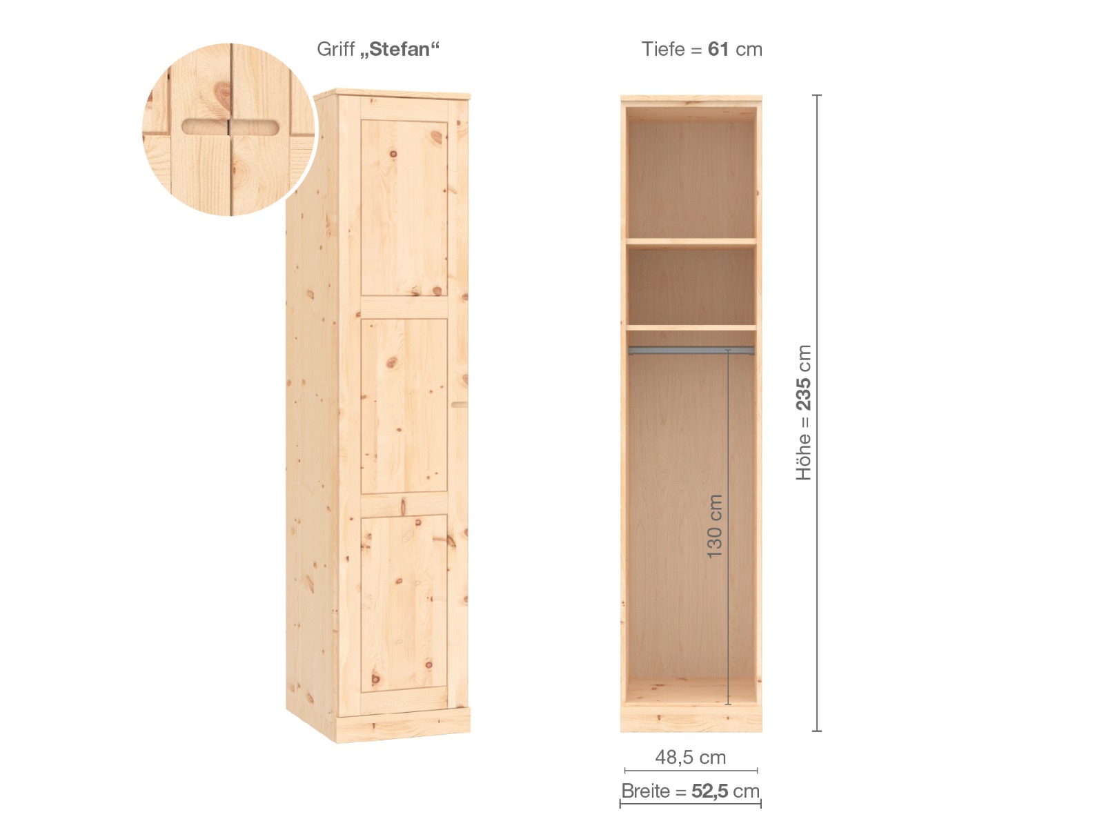 Zirbenschrank „Enzian“, 1-türig, Höhe 235 cm, Griffausführung „Stefan“, Inneneinrichtung A, Türanschlag links