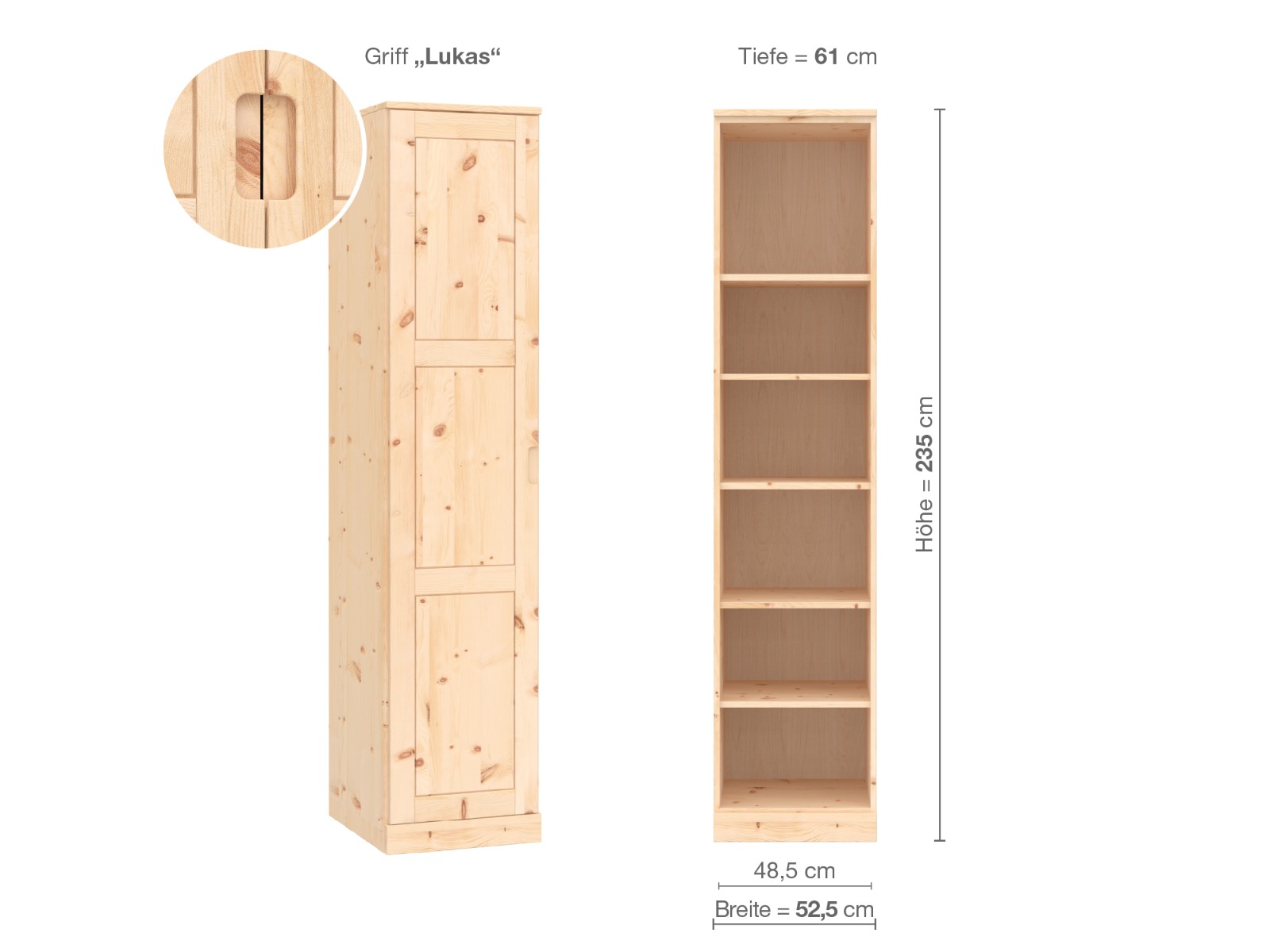 Zirbenschrank „Enzian“, 1-türig, Höhe 235 cm, Griffausführung „Lukas“, Inneneinrichtung B, Türanschlag links