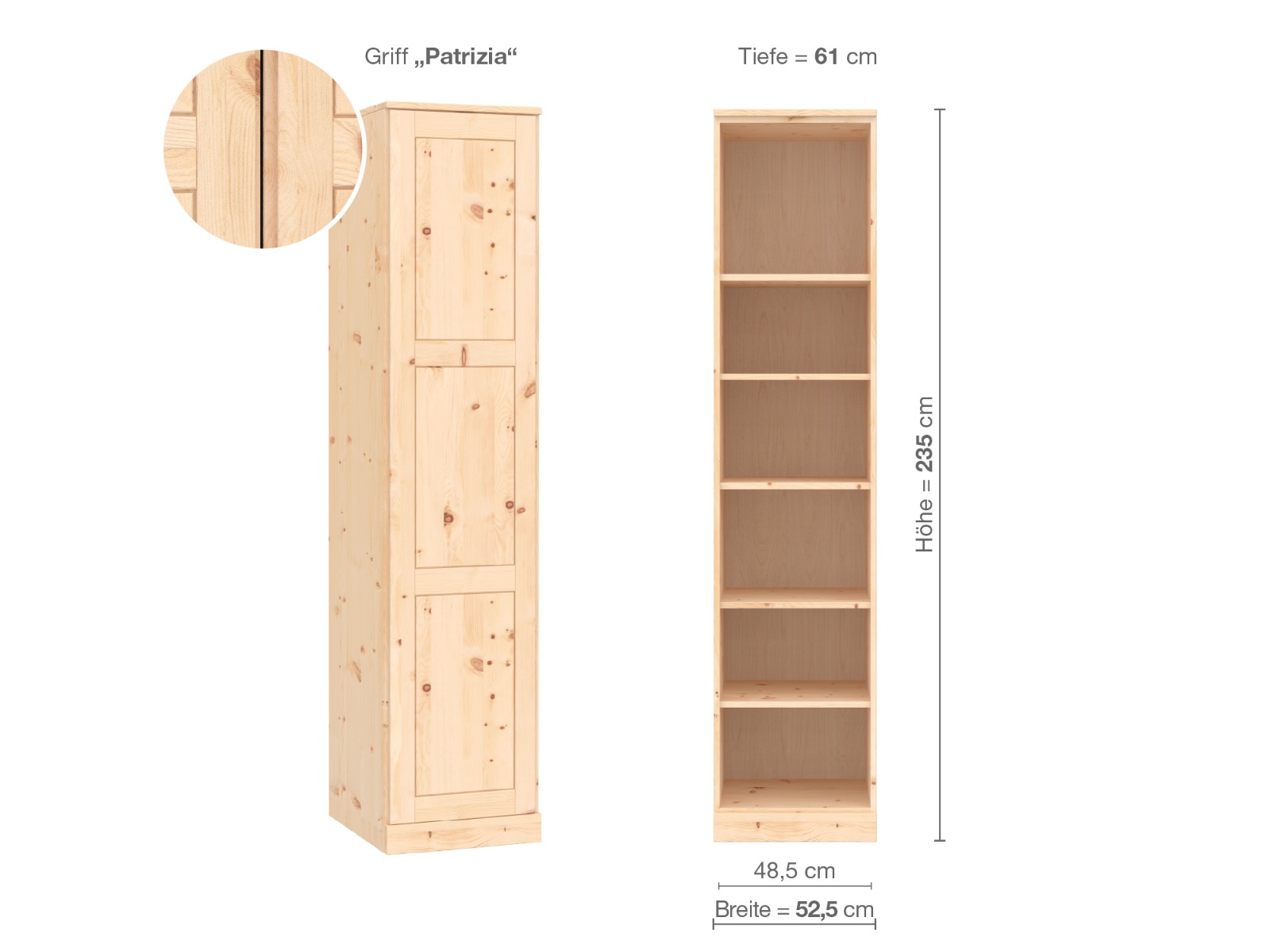 Zirbenschrank „Enzian“, 1-türig, Höhe 235 cm, Griffausführung „Patrizia“, Inneneinrichtung B, Türanschlag links