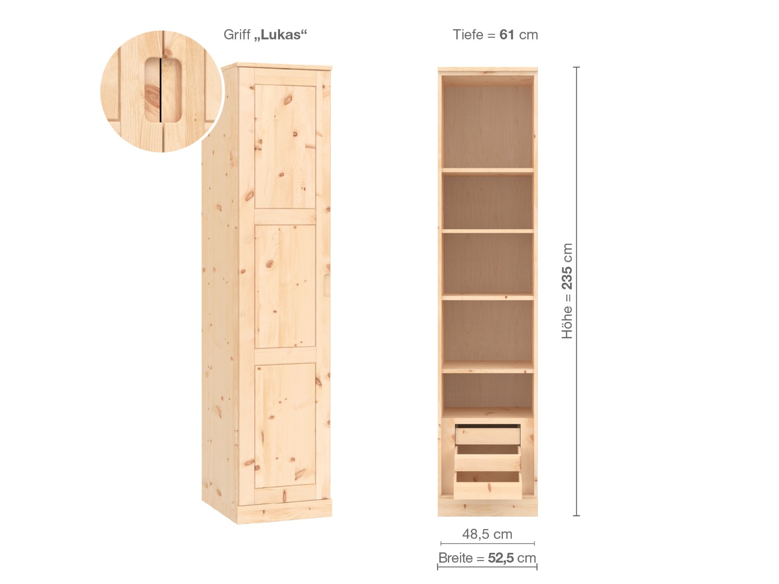 Zirbenschrank „Enzian“, 1-türig, Höhe 235 cm, Griffausführung „Lukas“, Inneneinrichtung C, Türanschlag links