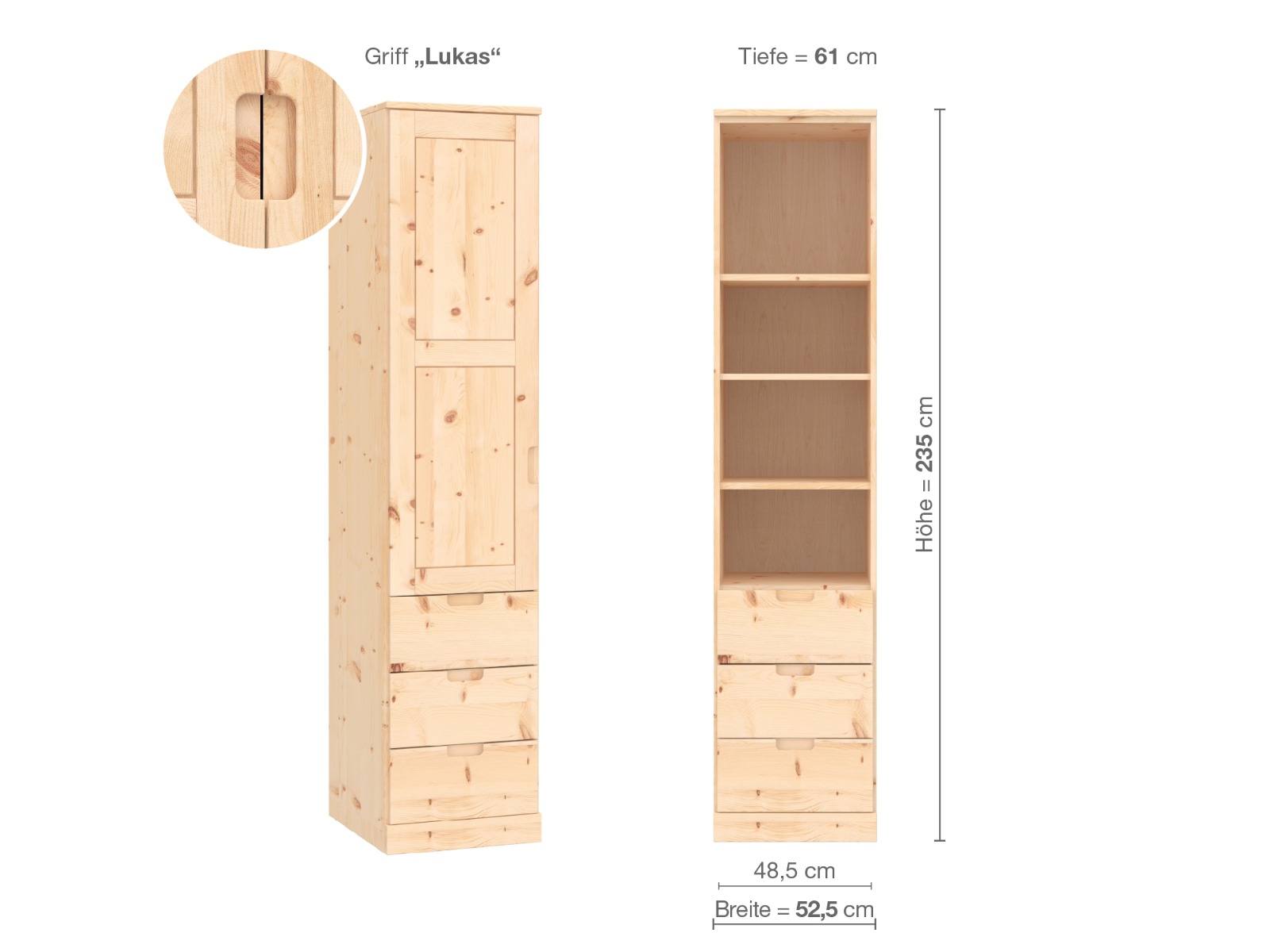 Zirbenschrank „Enzian“, 1-türig, Höhe 235 cm, Griffausführung „Lukas“, Inneneinrichtung D, Türanschlag links