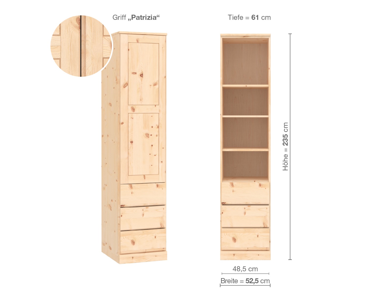 Zirbenschrank „Enzian“, 1-türig, Höhe 235 cm, Griffausführung „Patrizia“, Inneneinrichtung D, Türanschlag links