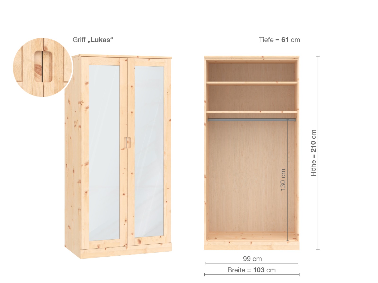 Zirbenschrank „Alpenrose“, 2-türig, Höhe 210 cm, Griffausführung „Lukas“, Inneneinrichtung A