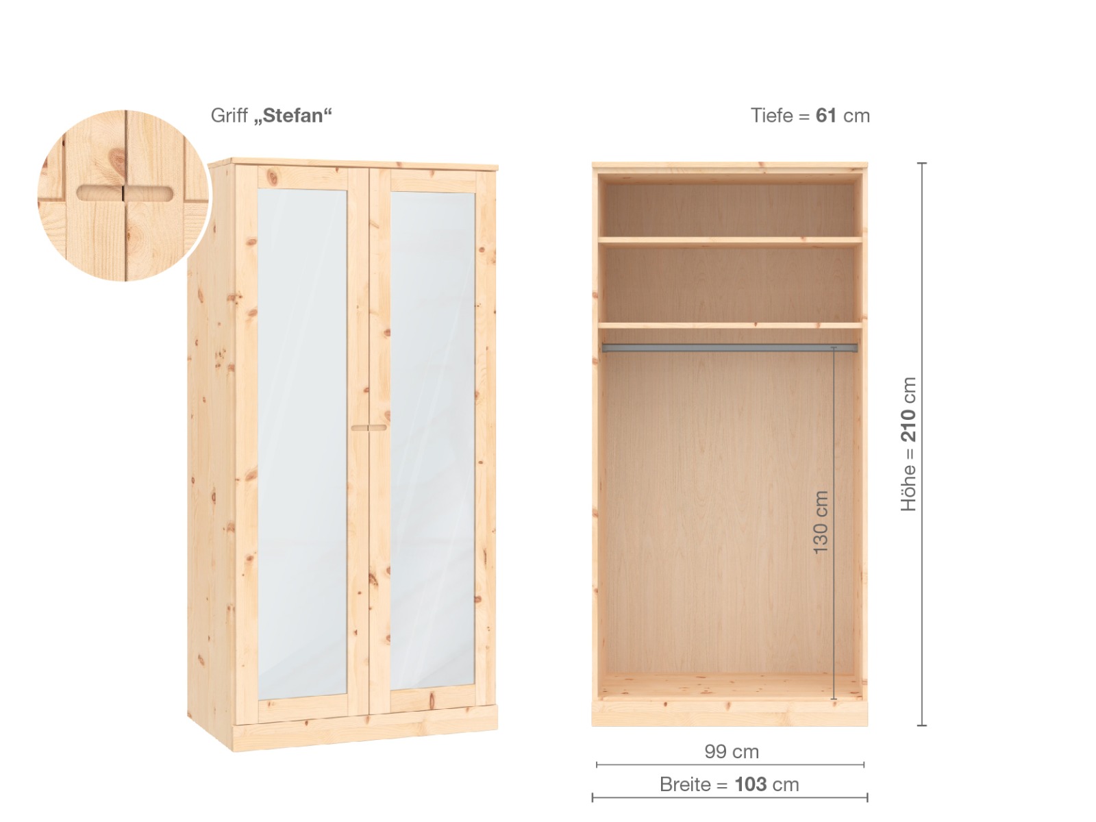 Zirbenschrank „Alpenrose“, 2-türig, Höhe 210 cm, Griffausführung „Stefan“, Inneneinrichtung A