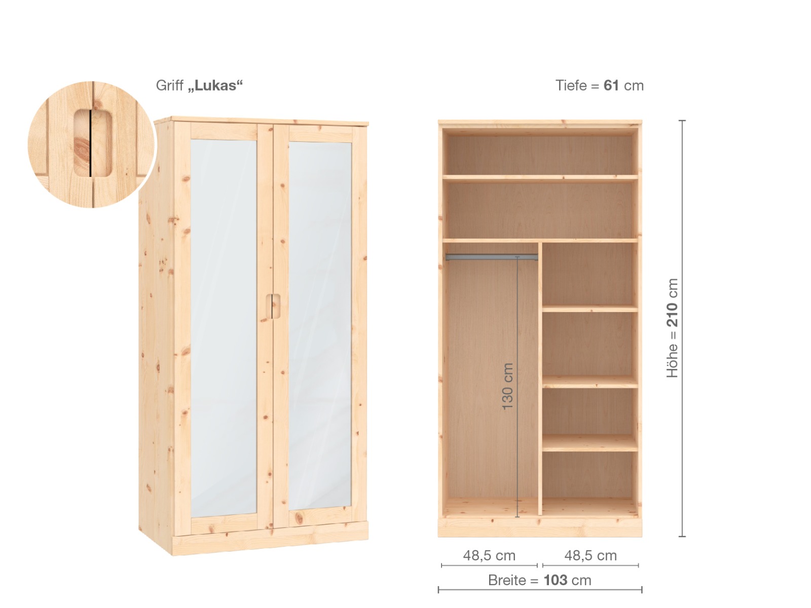 Zirbenschrank „Alpenrose“, 2-türig, Höhe 210 cm, Griffausführung „Lukas“, Inneneinrichtung B