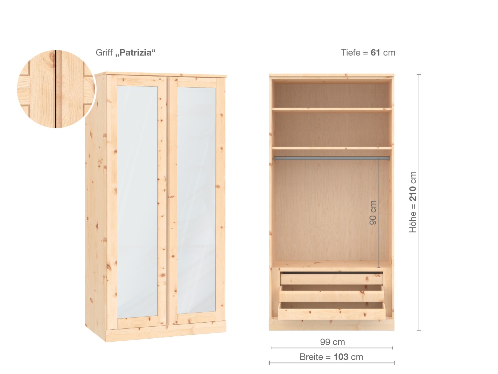 Zirbenschrank „Alpenrose“, 2-türig, Höhe 210 cm, Griffausführung „Patrizia“, Inneneinrichtung D