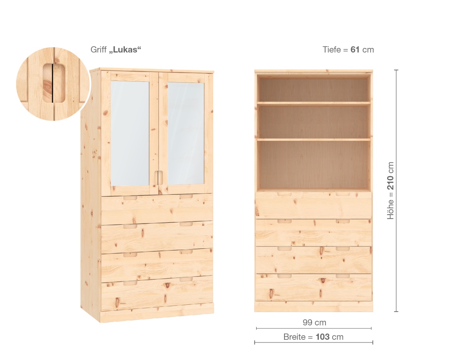 Zirbenschrank „Alpenrose“, 2-türig, Höhe 210 cm, Griffausführung „Lukas“, Inneneinrichtung E