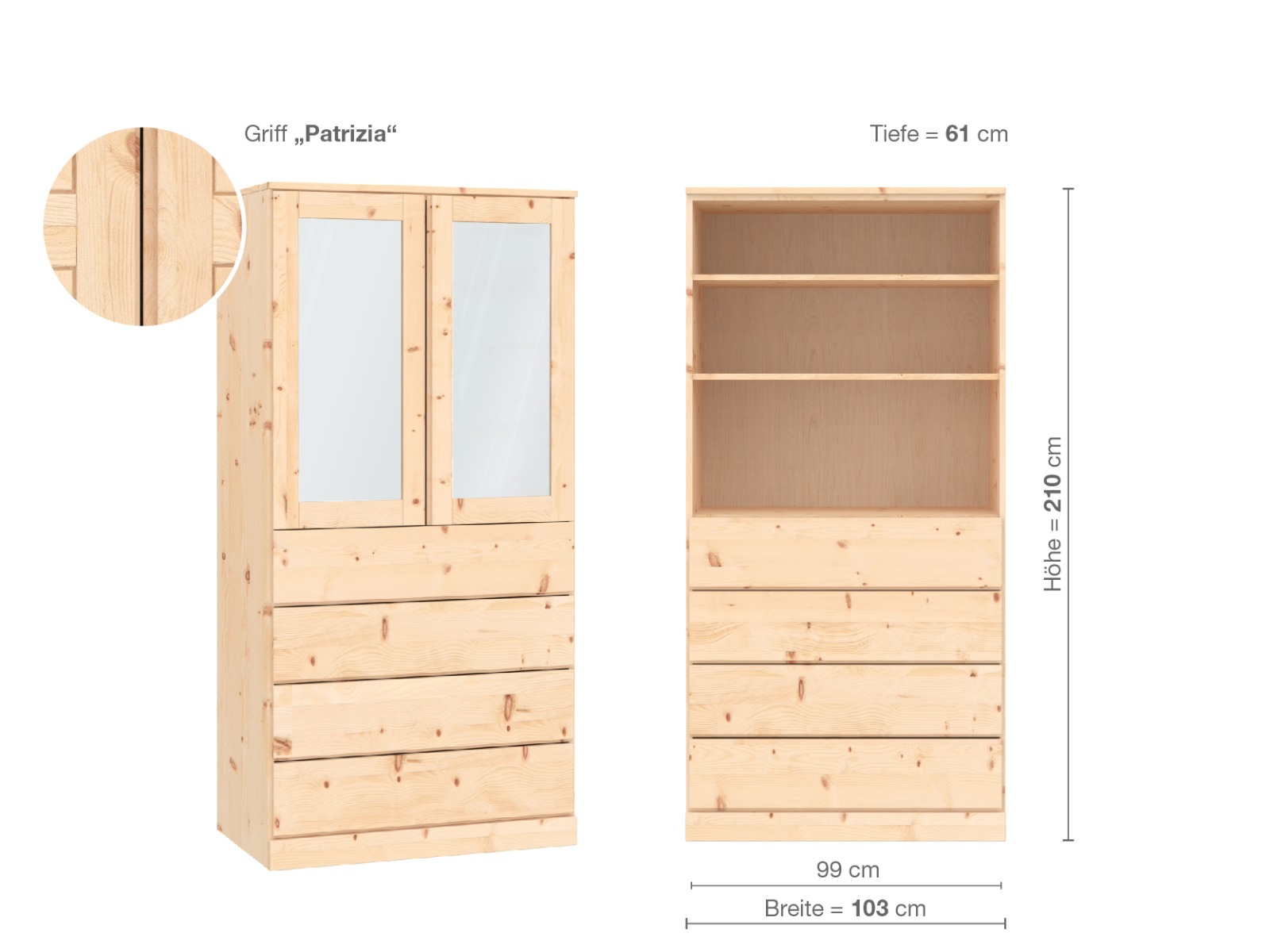 Zirbenschrank „Alpenrose“, 2-türig, Höhe 210 cm, Griffausführung „Patrizia“, Inneneinrichtung E