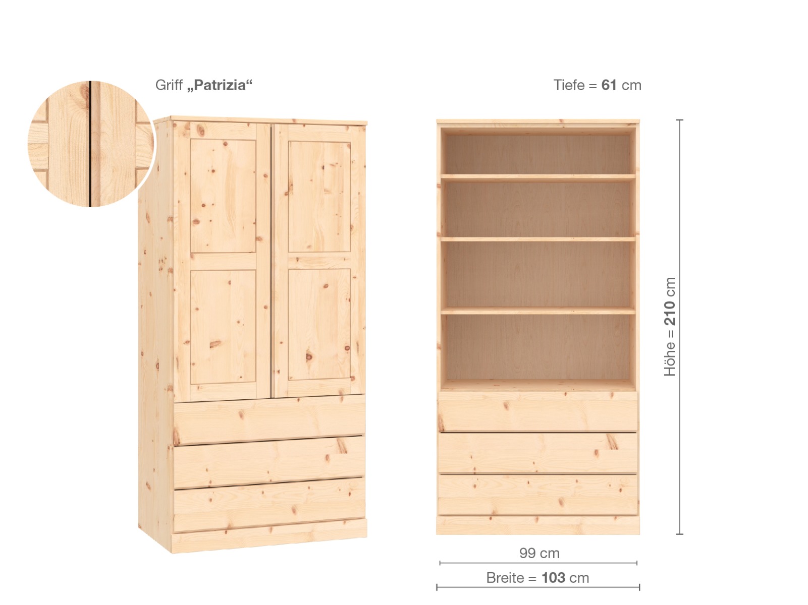 Zirbenschrank „Enzian“, 2-türig, Höhe 210 cm, Griffausführung „Patrizia“, Inneneinrichtung E