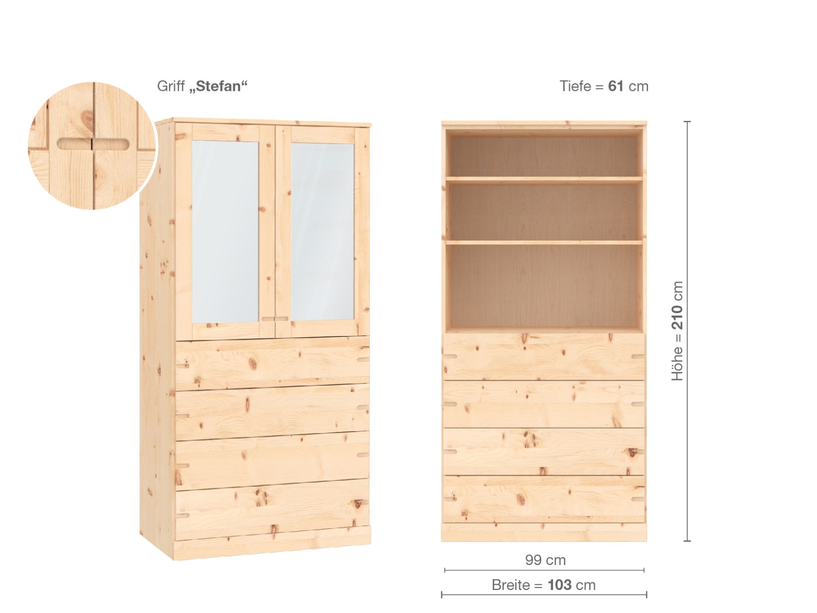 Zirbenschrank „Alpenrose“, 2-türig, Höhe 210 cm, Griffausführung „Stefan“, Inneneinrichtung E