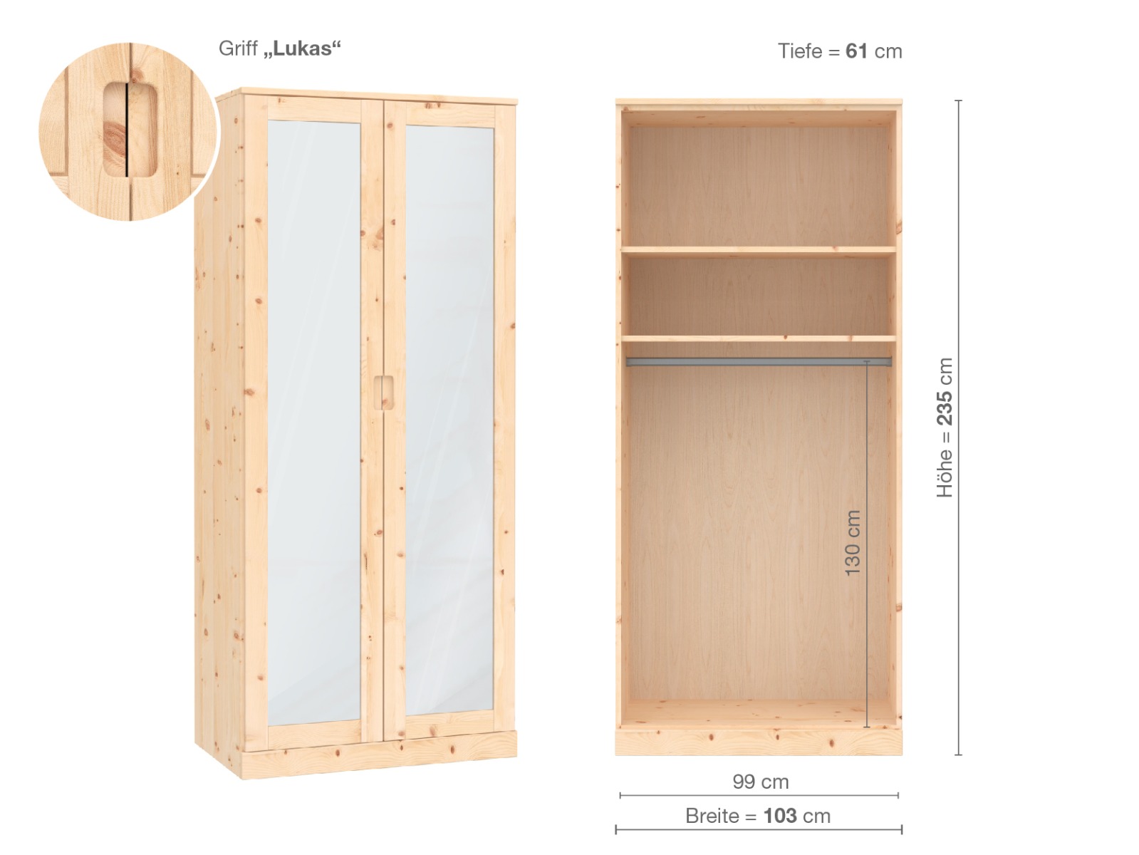 Zirbenschrank „Alpenrose“, 2-türig, Höhe 235 cm, Griffausführung „Lukas“, Inneneinrichtung A