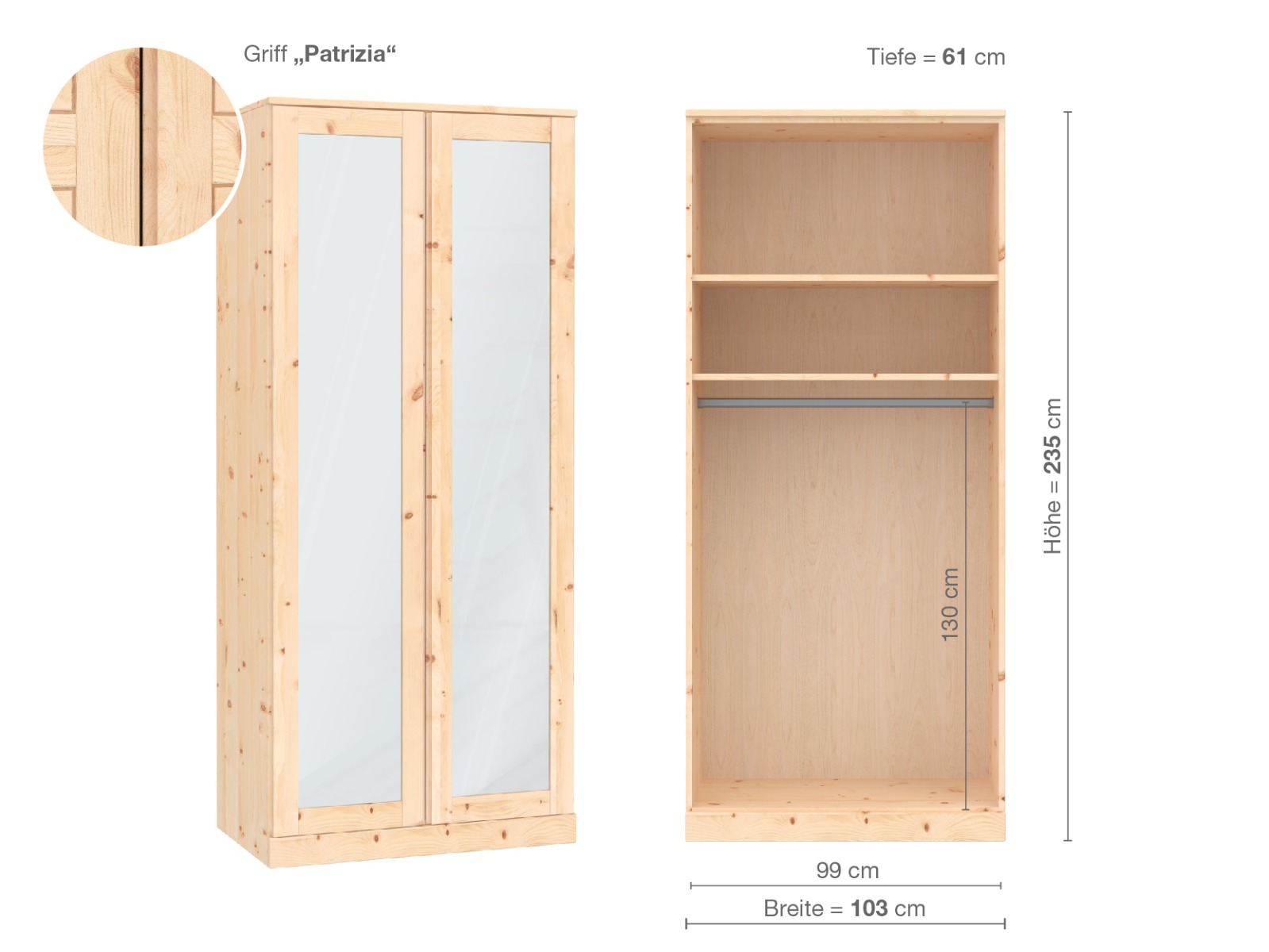 Zirbenschrank „Alpenrose“, 2-türig, Höhe 235 cm, Griffausführung „Patrizia“, Inneneinrichtung A