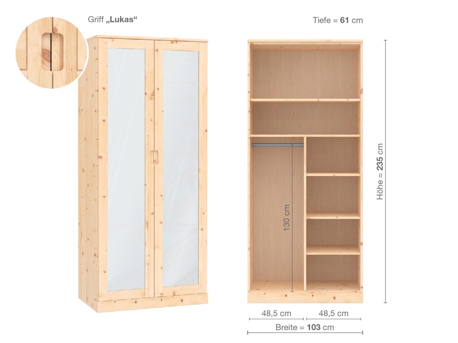 Zirbenschrank „Alpenrose“, 2-türig, Höhe 235 cm, Griffausführung „Lukas“, Inneneinrichtung B