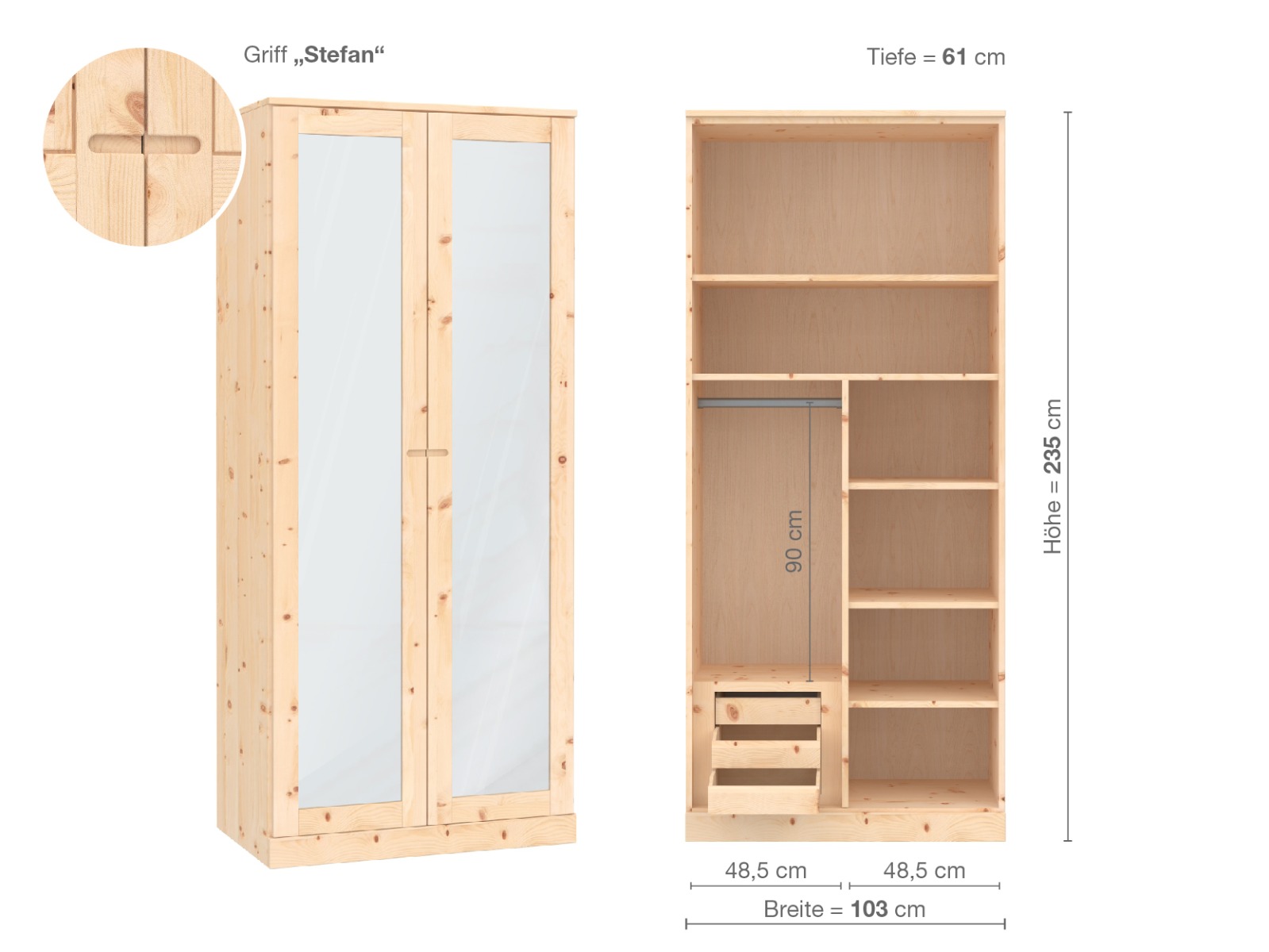 Zirbenschrank „Alpenrose“, 2-türig, Höhe 235 cm, Griffausführung „Stefan“, Inneneinrichtung C