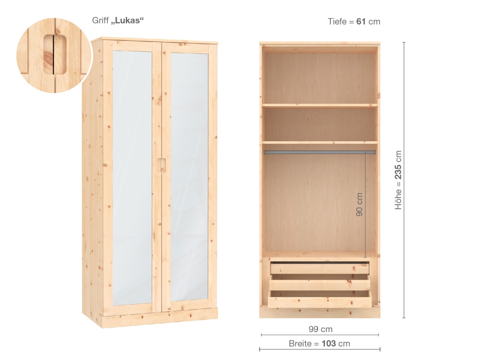 Zirbenschrank „Alpenrose“, 2-türig, Höhe 235 cm, Griffausführung „Lukas“, Inneneinrichtung D