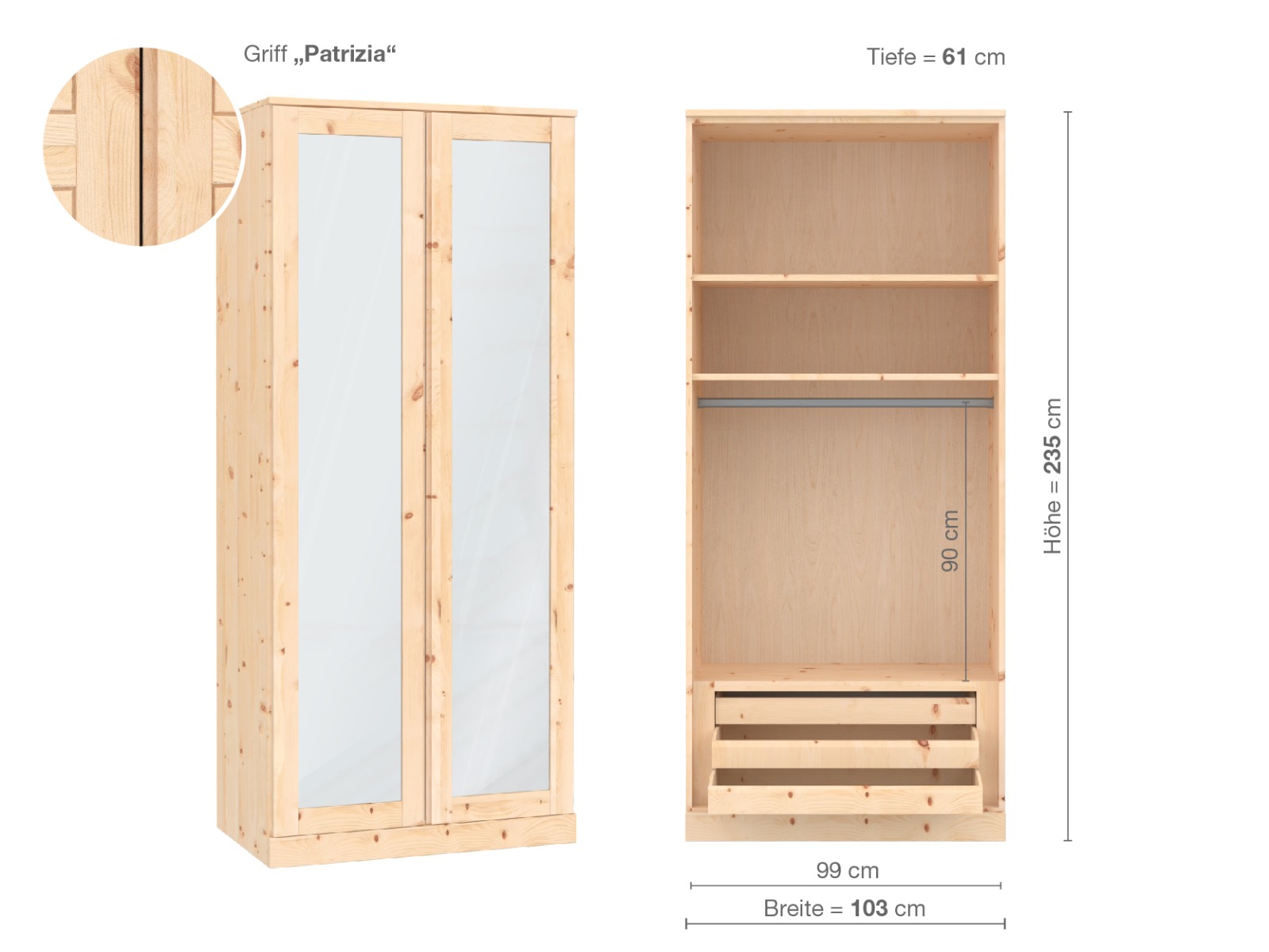 Zirbenschrank „Alpenrose“, 2-türig, Höhe 235 cm, Griffausführung „Patrizia“, Inneneinrichtung D