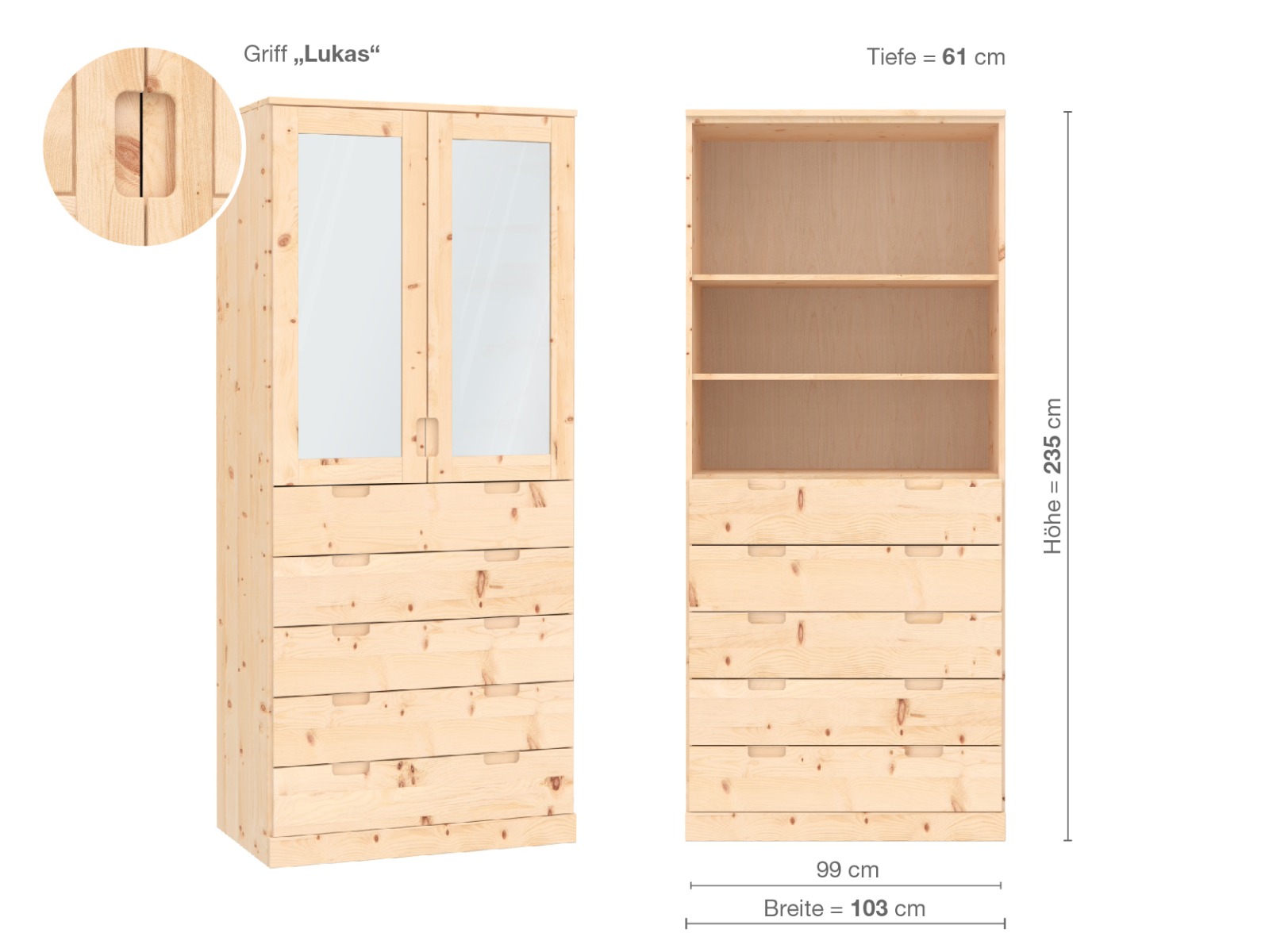 Zirbenschrank „Alpenrose“, 2-türig, Höhe 235 cm, Griffausführung „Lukas“, Inneneinrichtung E