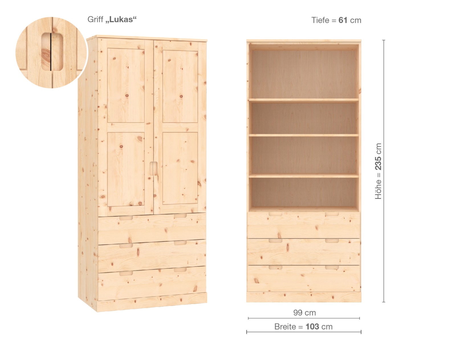 Zirbenschrank „Enzian“, 2-türig, Höhe 235 cm, Griffausführung „Lukas“, Inneneinrichtung E