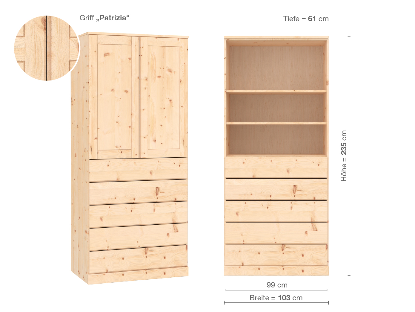 Zirbenschrank „Edelweiß“, 2-türig, Höhe 235 cm, Griffausführung „Patrizia“, Inneneinrichtung E