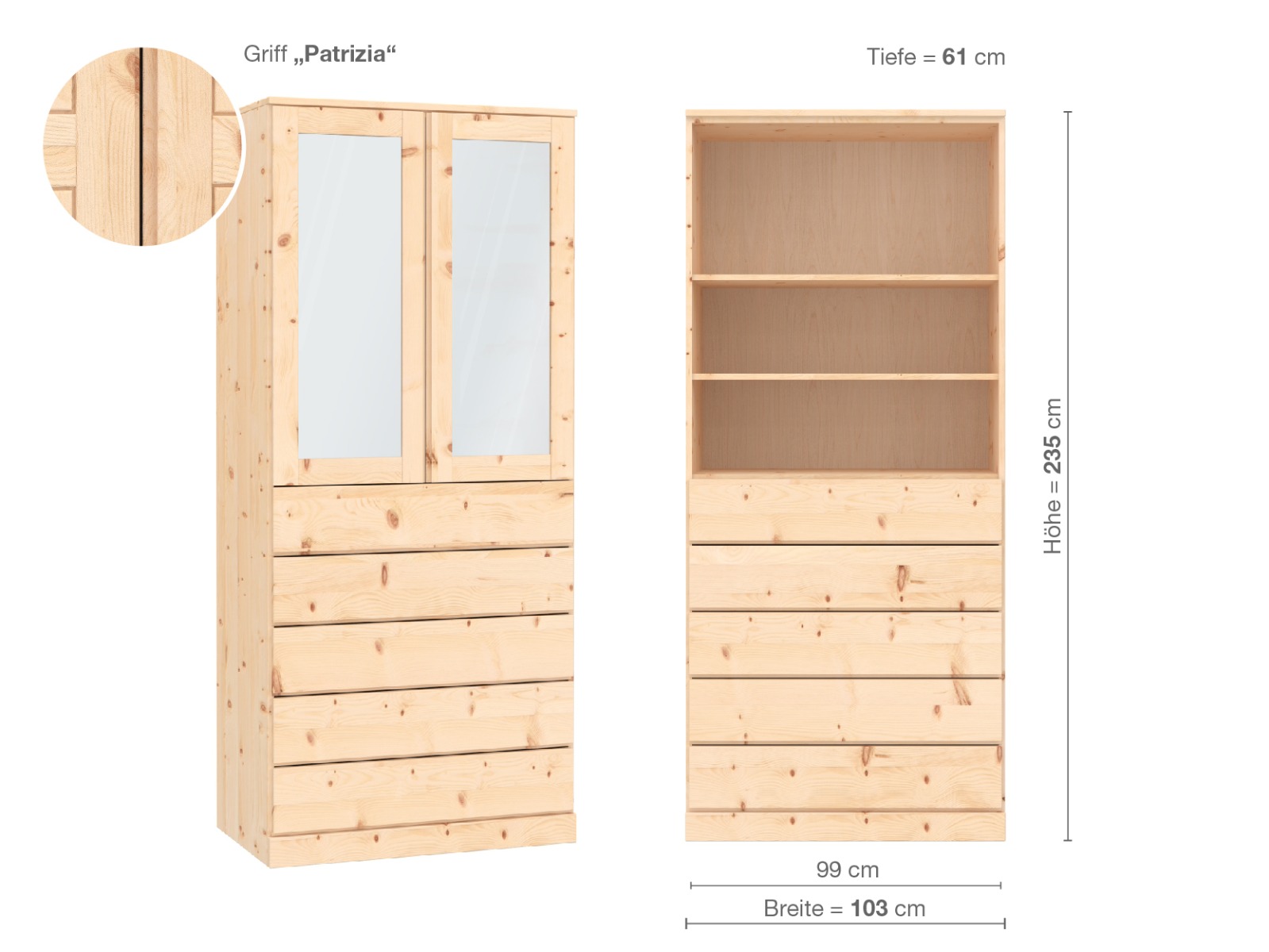 Zirbenschrank „Alpenrose“, 2-türig, Höhe 235 cm, Griffausführung „Patrizia“, Inneneinrichtung E