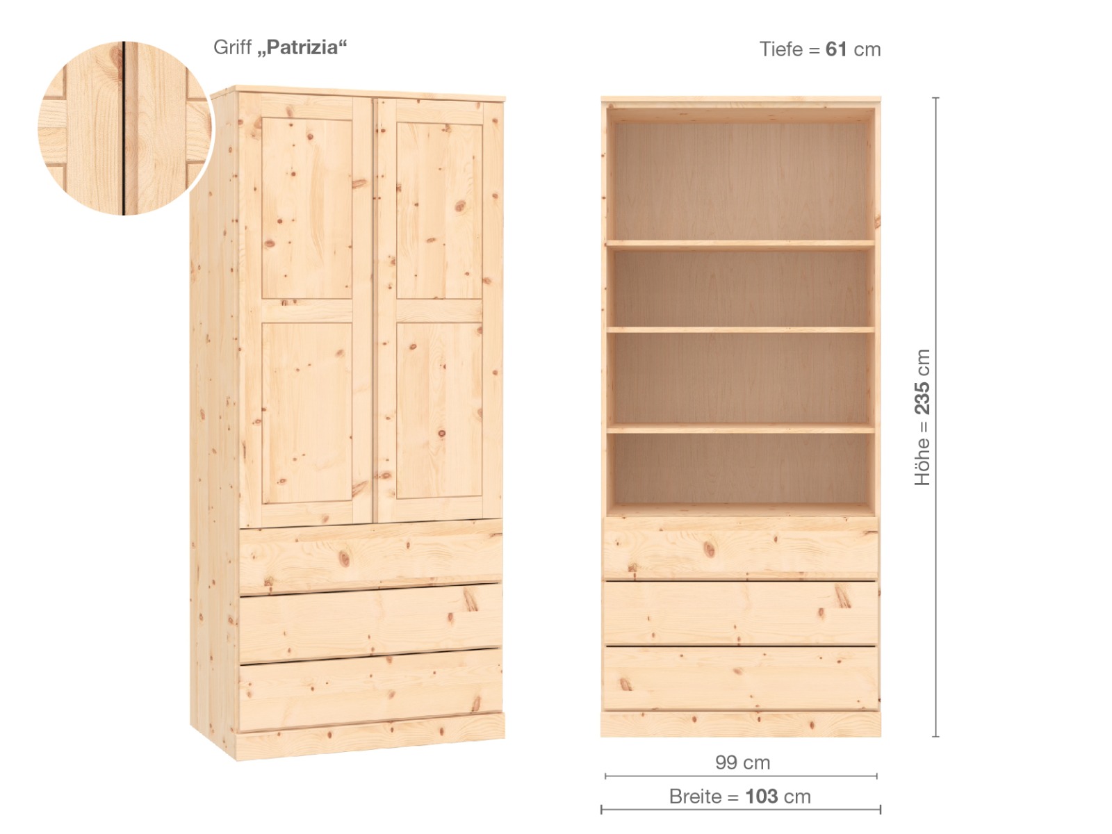 Zirbenschrank „Enzian“, 2-türig, Höhe 235 cm, Griffausführung „Patrizia“, Inneneinrichtung E