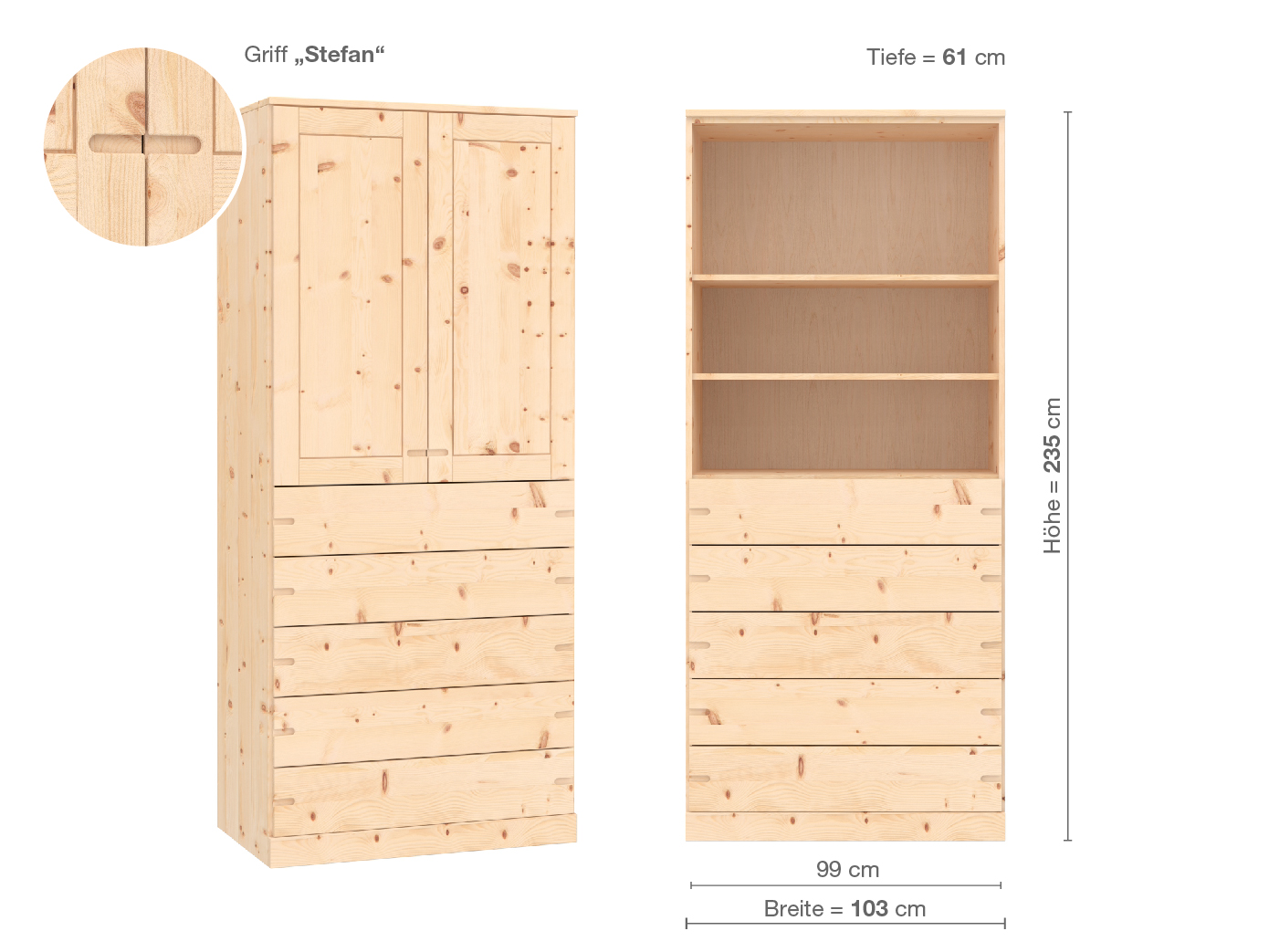 Zirbenschrank „Edelweiß“, 2-türig, Höhe 235 cm, Griffausführung „Stefan“, Inneneinrichtung E