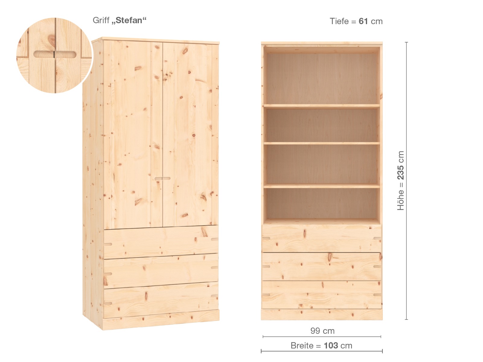 (Abb. in Zirbe) „Arnika“, 2-türig, Höhe 235 cm, Griffausführung „Stefan“, Inneneinrichtung E