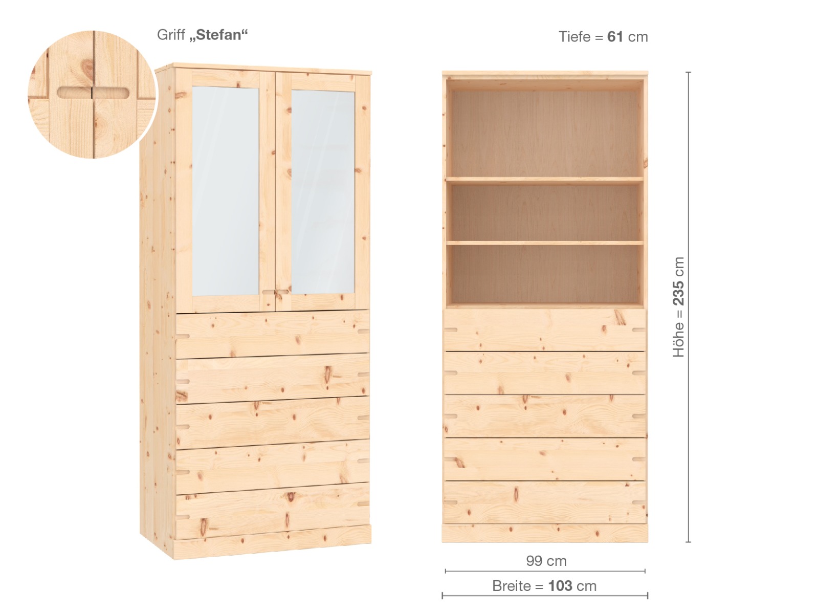 Zirbenschrank „Alpenrose“, 2-türig, Höhe 235 cm, Griffausführung „Stefan“, Inneneinrichtung E