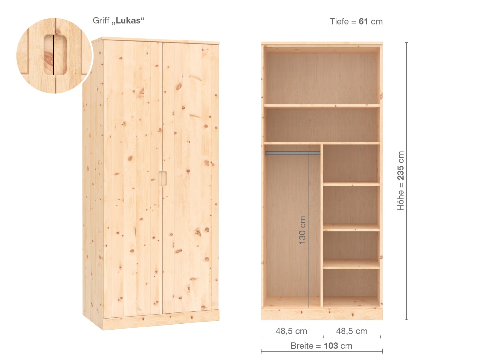 (Abb. in Zirbe) „Arnika“, 2-türig, Höhe 235 cm, Griffausführung „Lukas“, Inneneinrichtung B