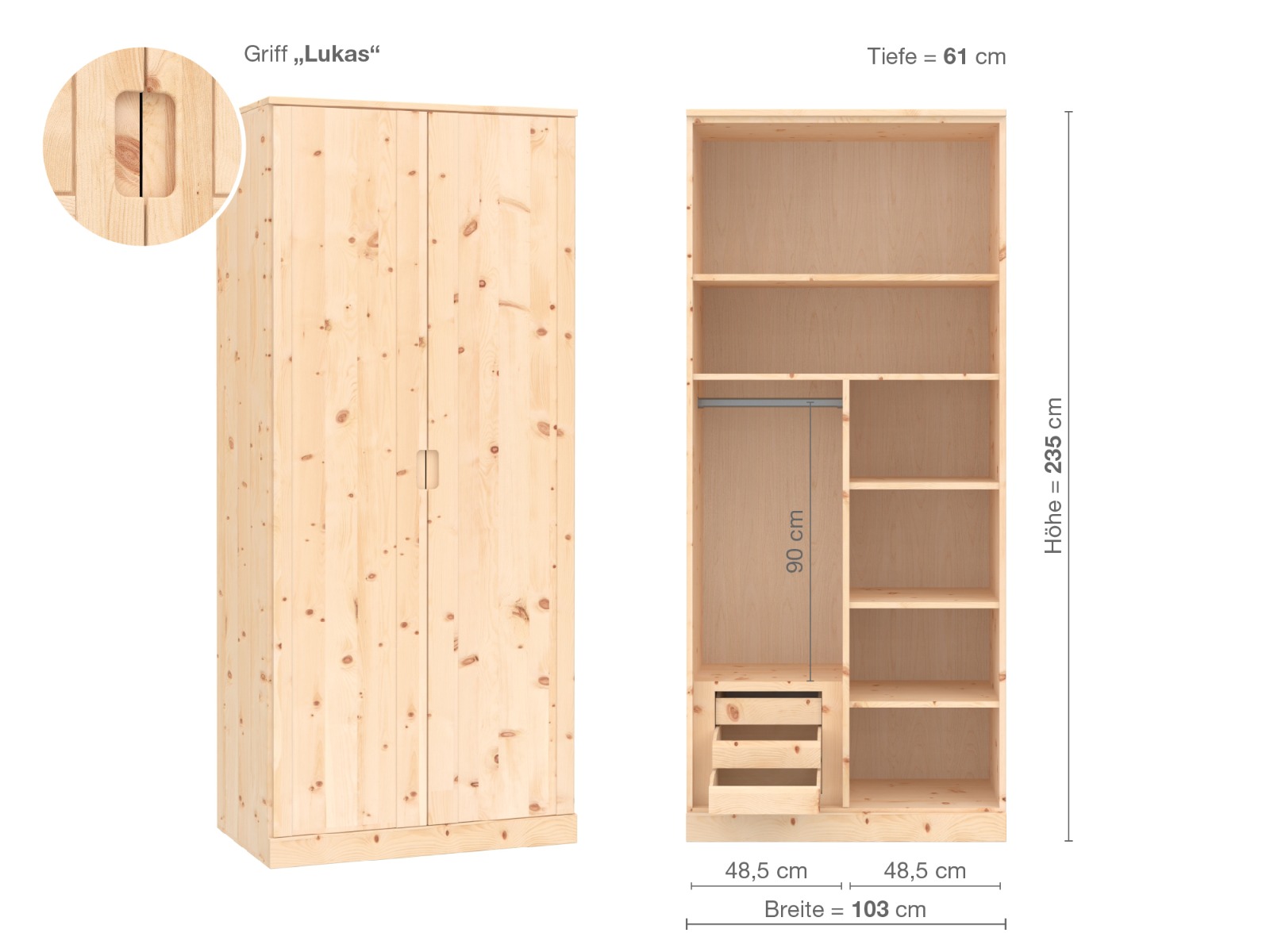 (Abb. in Zirbe) „Arnika“, 2-türig, Höhe 235 cm, Griffausführung „Lukas“, Inneneinrichtung C