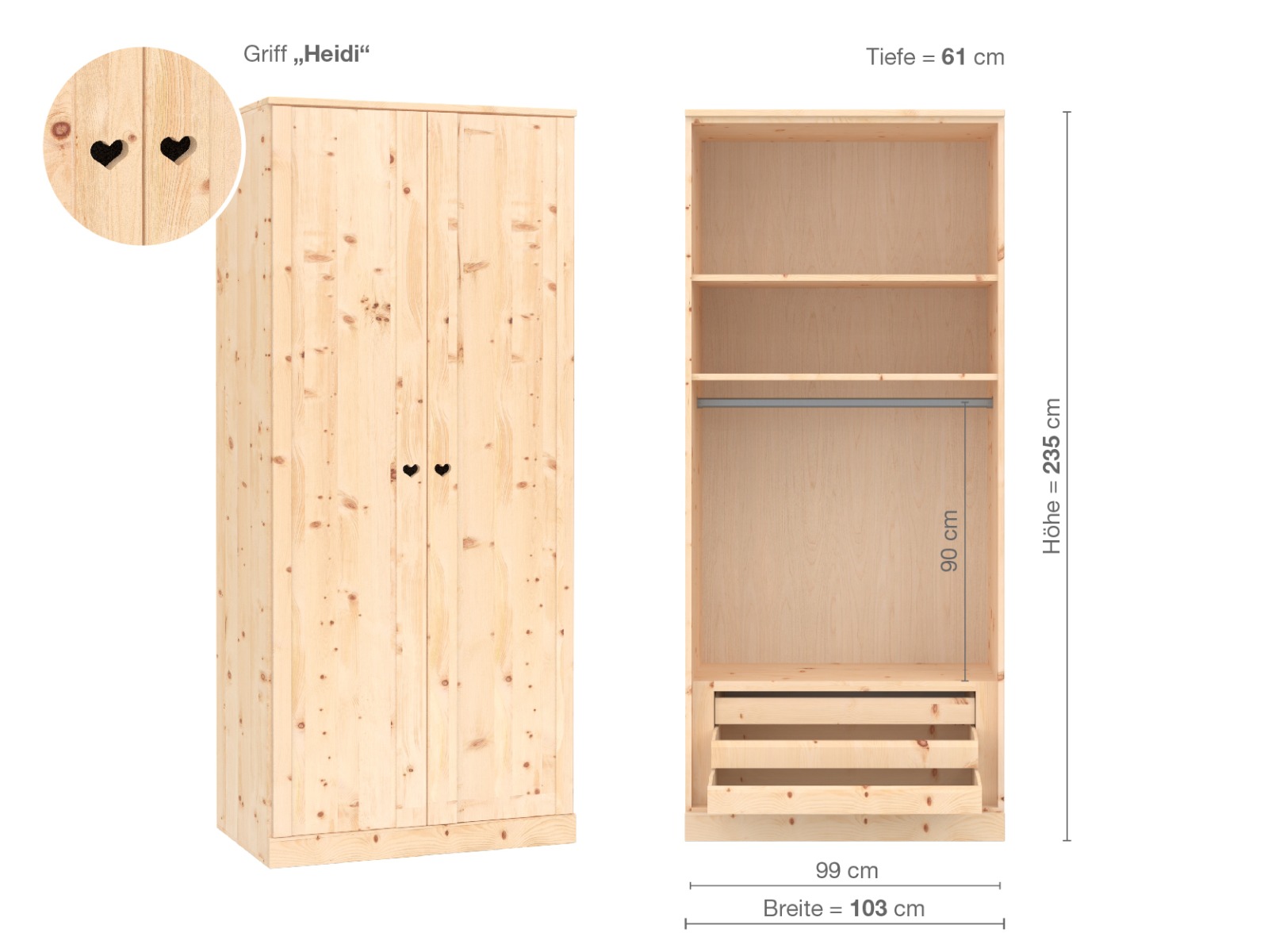 (Abb. in Zirbe) „Arnika“, 2-türig, Höhe 235 cm, Griffausführung „Heidi“, Inneneinrichtung D