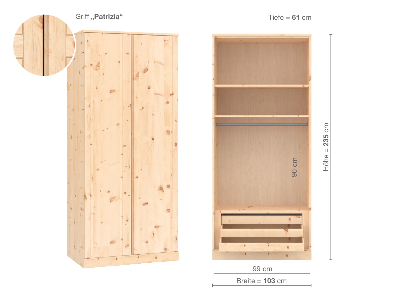 (Abb. in Zirbe) „Arnika“, 2-türig, Höhe 235 cm, Griffausführung „Patrizia“, Inneneinrichtung D