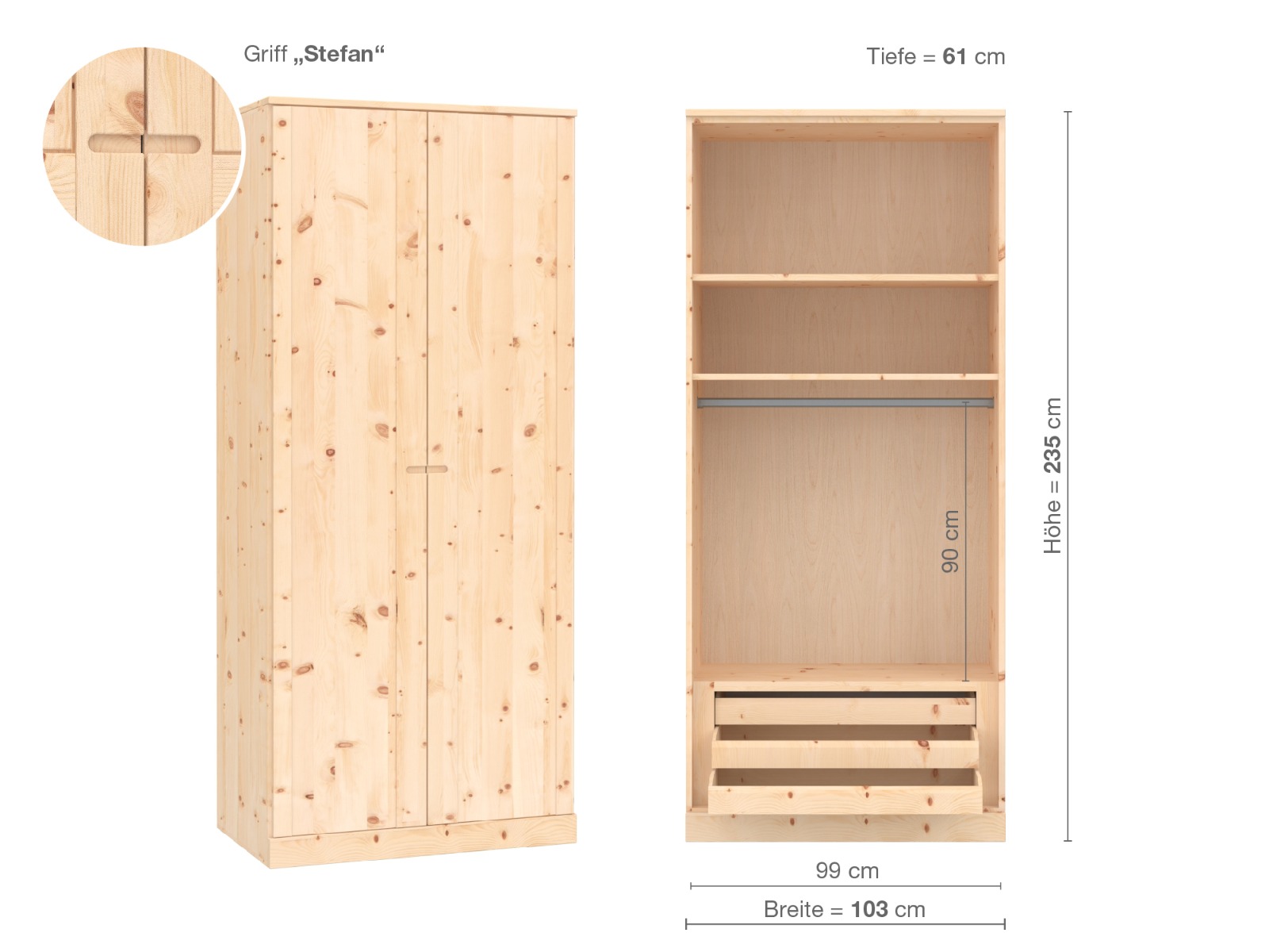 (Abb. in Zirbe) „Arnika“, 2-türig, Höhe 235 cm, Griffausführung „Stefan“, Inneneinrichtung D