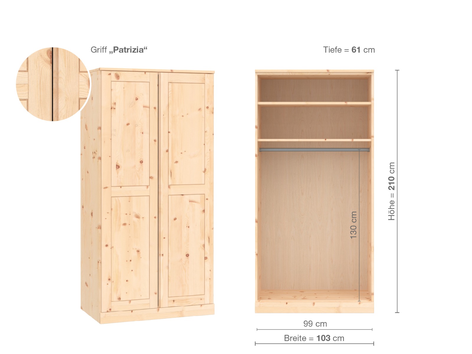 Zirbenschrank „Edelweiß“, 2-türig, Höhe 210 cm, Griffausführung „Patrizia“, Inneneinrichtung A