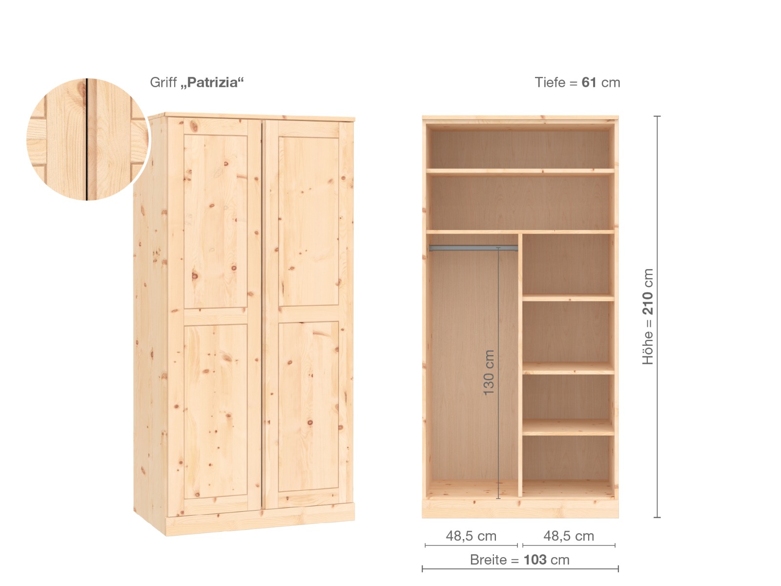 Zirbenschrank „Edelweiß“, 2-türig, Höhe 210 cm, Griffausführung „Patrizia“, Inneneinrichtung B