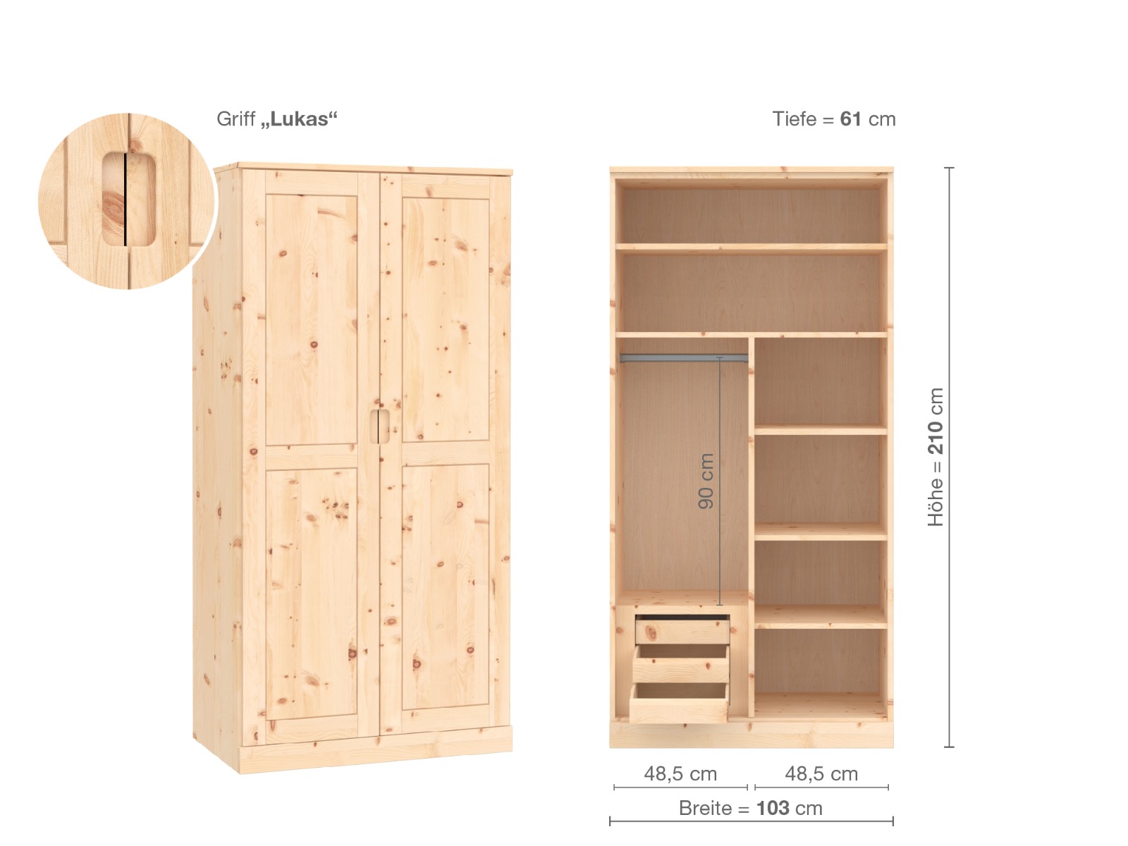 Zirbenschrank „Edelweiß“, 2-türig, Höhe 210 cm, Griffausführung „Lukas“, Inneneinrichtung C