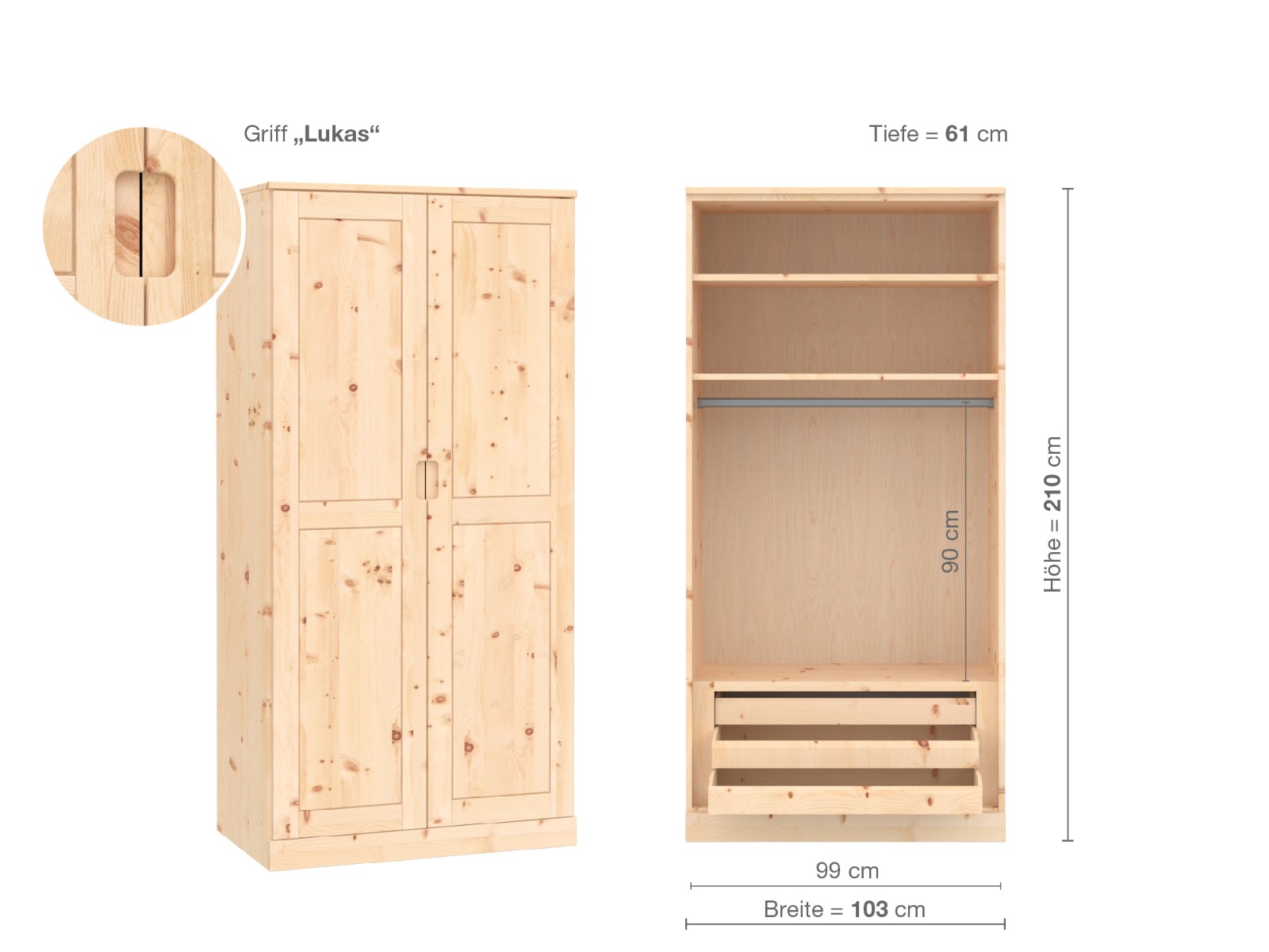 Zirbenschrank „Edelweiß“, 2-türig, Höhe 210 cm, Griffausführung „Lukas“, Inneneinrichtung D