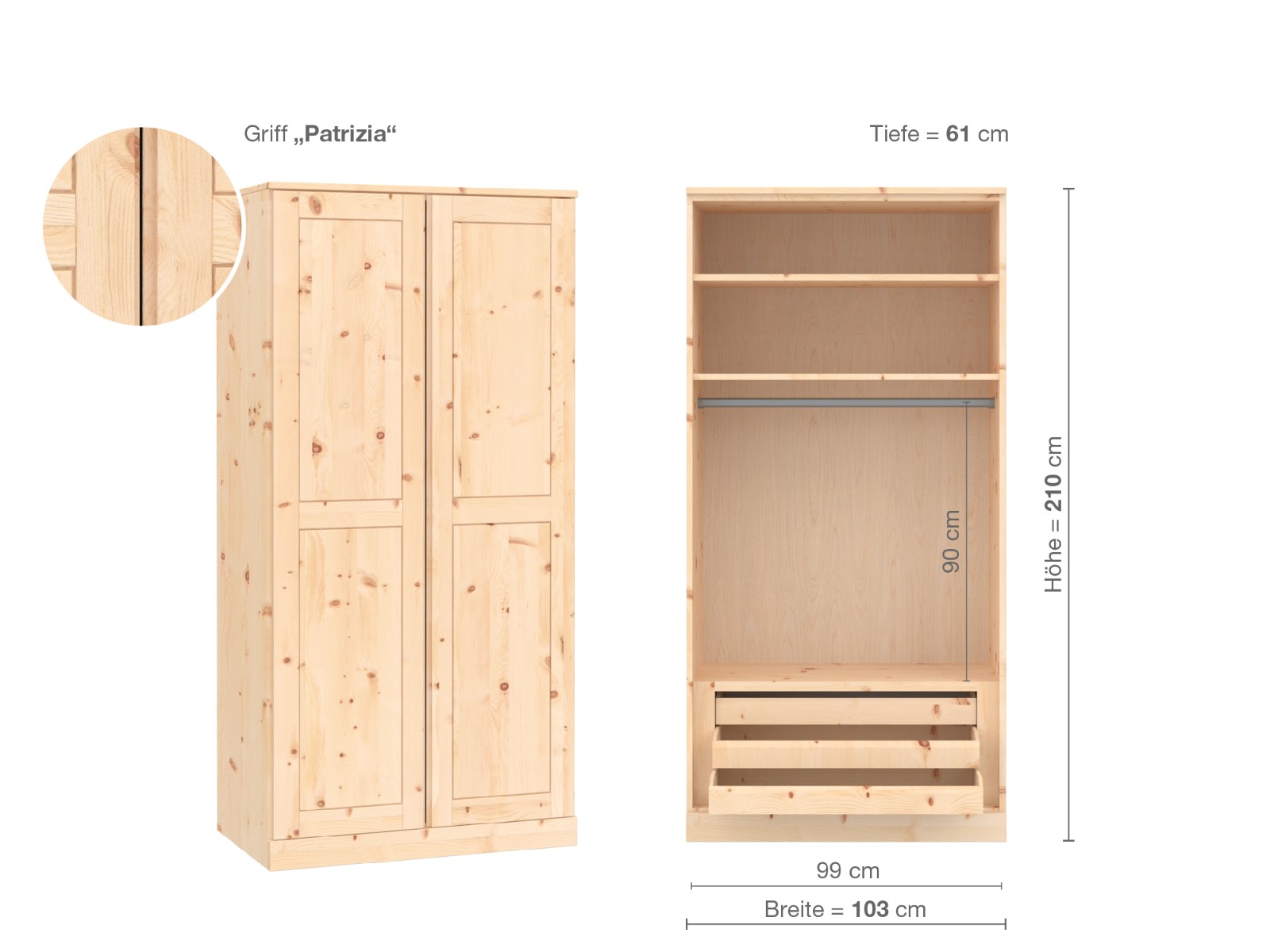 Zirbenschrank „Edelweiß“, 2-türig, Höhe 210 cm, Griffausführung „Patrizia“, Inneneinrichtung D