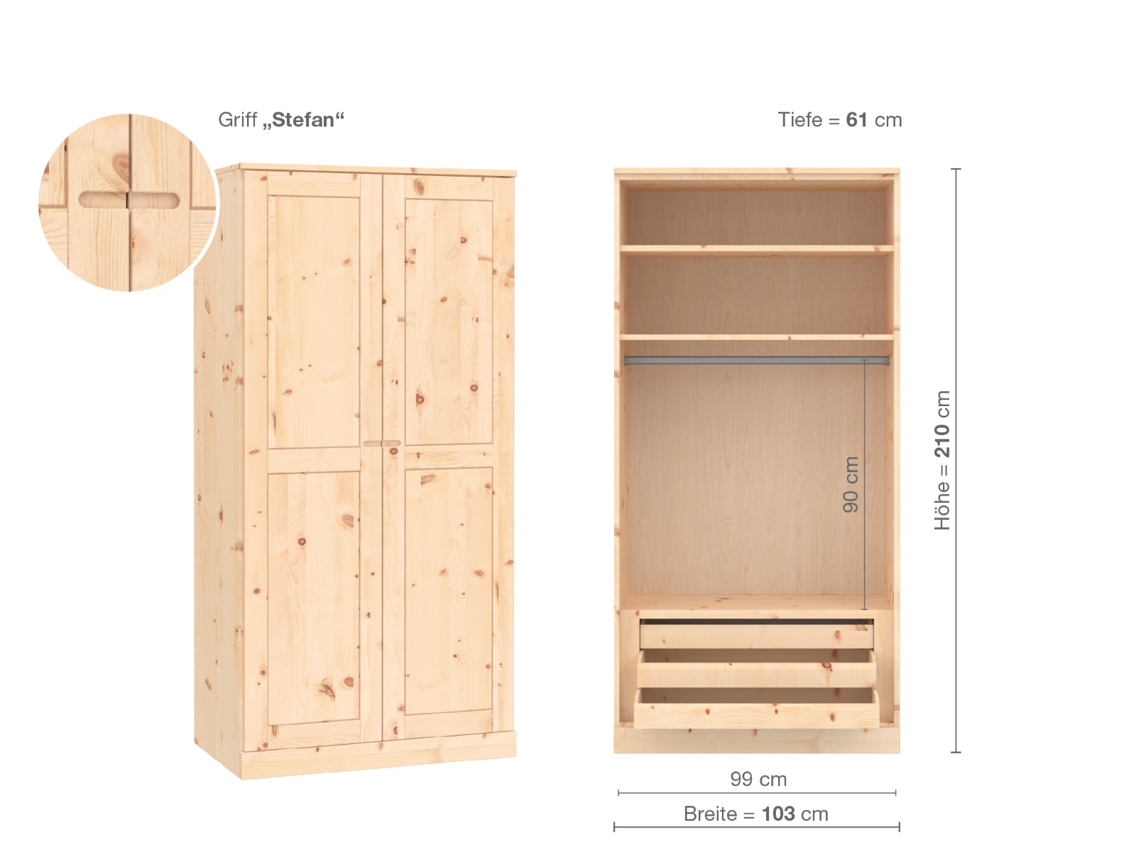 Zirbenschrank „Edelweiß“, 2-türig, Höhe 210 cm, Griffausführung „Stefan“, Inneneinrichtung D