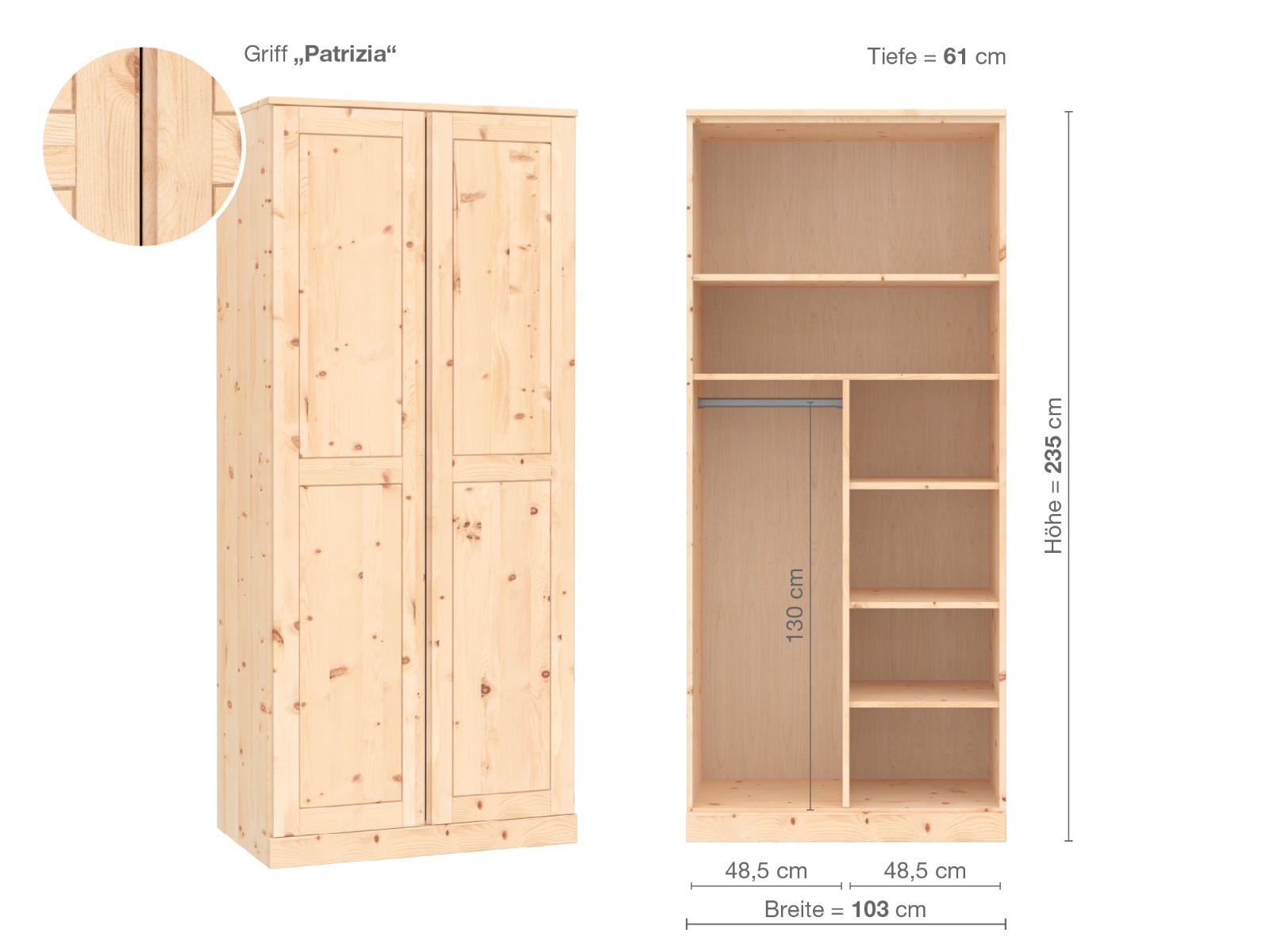 Zirbenschrank „Edelweiß“, 2-türig, Höhe 235 cm, Griffausführung „Patrizia“, Inneneinrichtung B