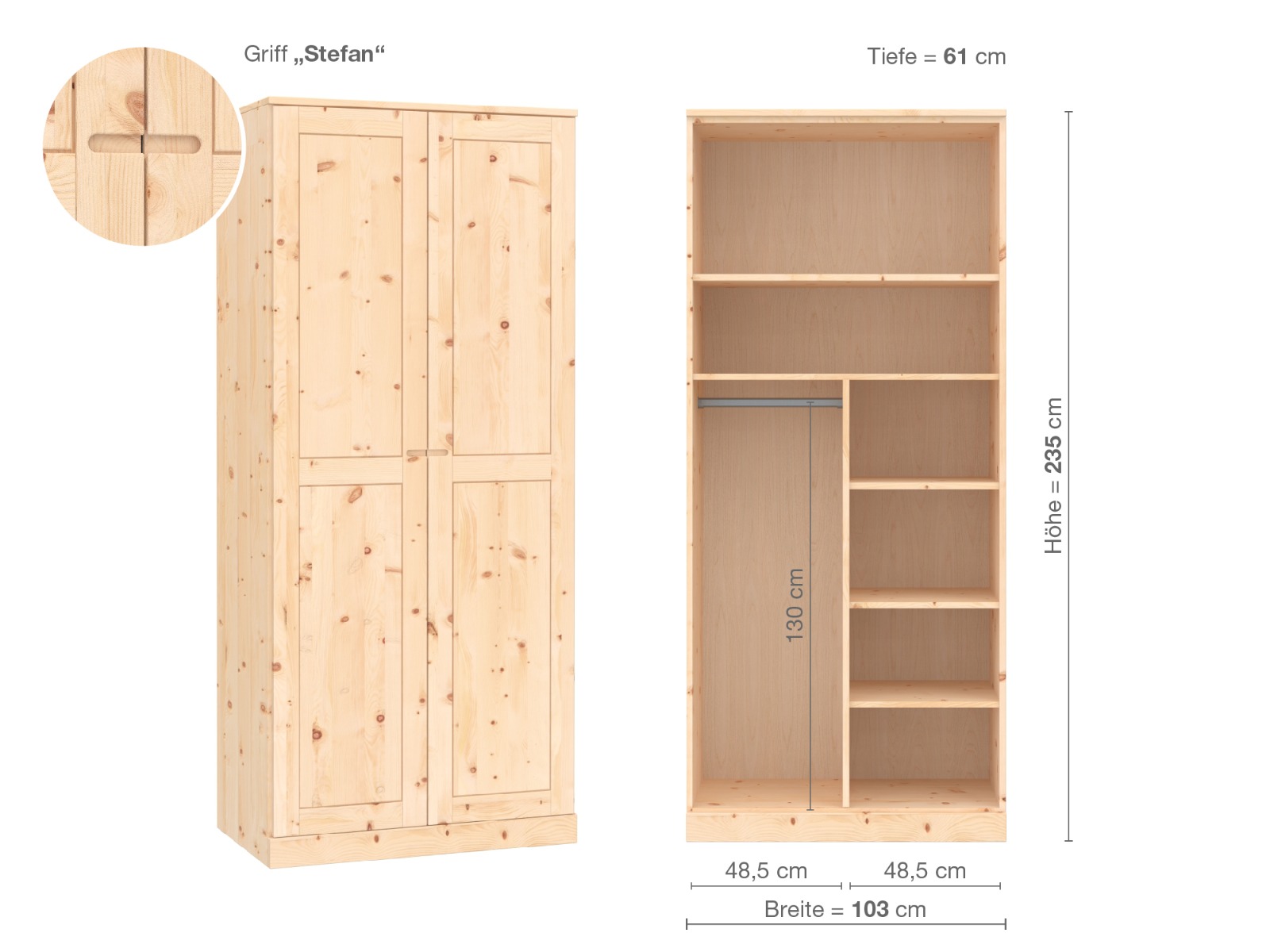 Zirbenschrank „Edelweiß“, 2-türig, Höhe 235 cm, Griffausführung „Stefan“, Inneneinrichtung B