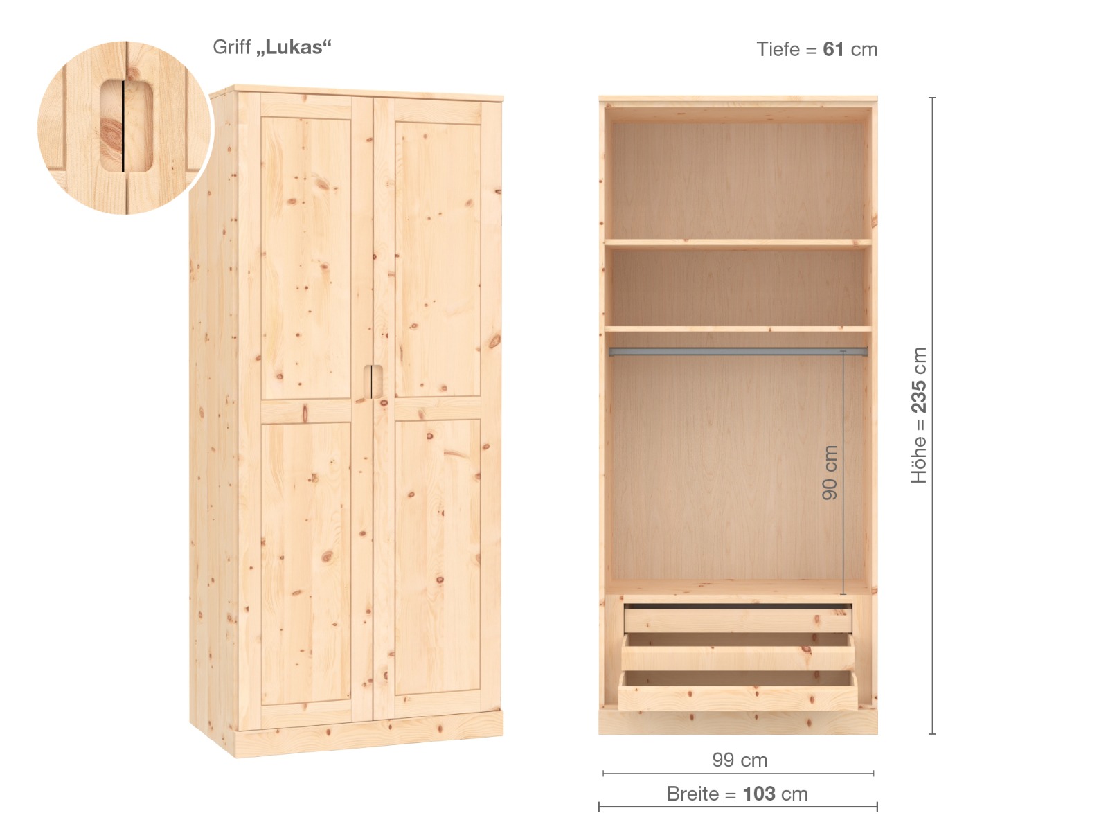 Zirbenschrank „Edelweiß“, 2-türig, Höhe 235 cm, Griffausführung „Lukas“, Inneneinrichtung D