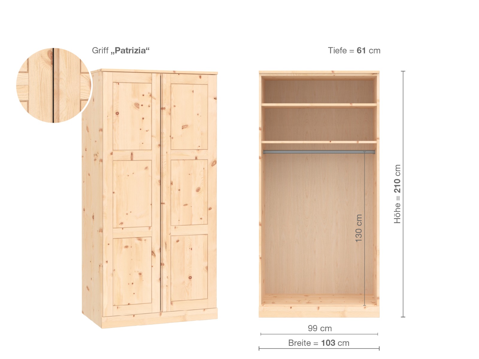 Zirbenschrank „Enzian“, 2-türig, Höhe 210 cm, Griffausführung „Patrizia“, Inneneinrichtung A